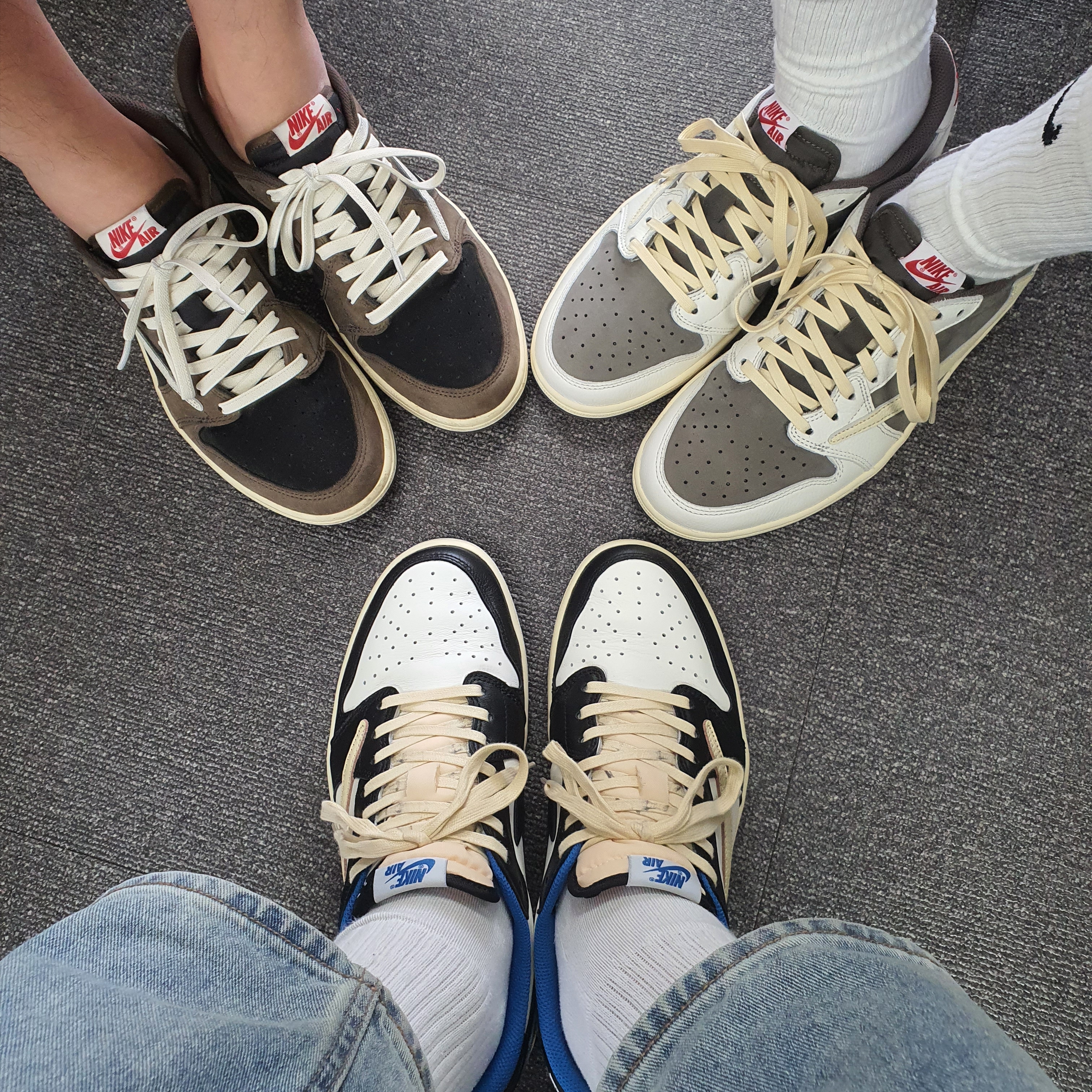Jordan 1 x Travis Scott Retro Low OG SP Sail and Ridgerock, Jordan 1 x Travis Scott x Fragment Retro Low OG SP Military Blue 착용 스타일