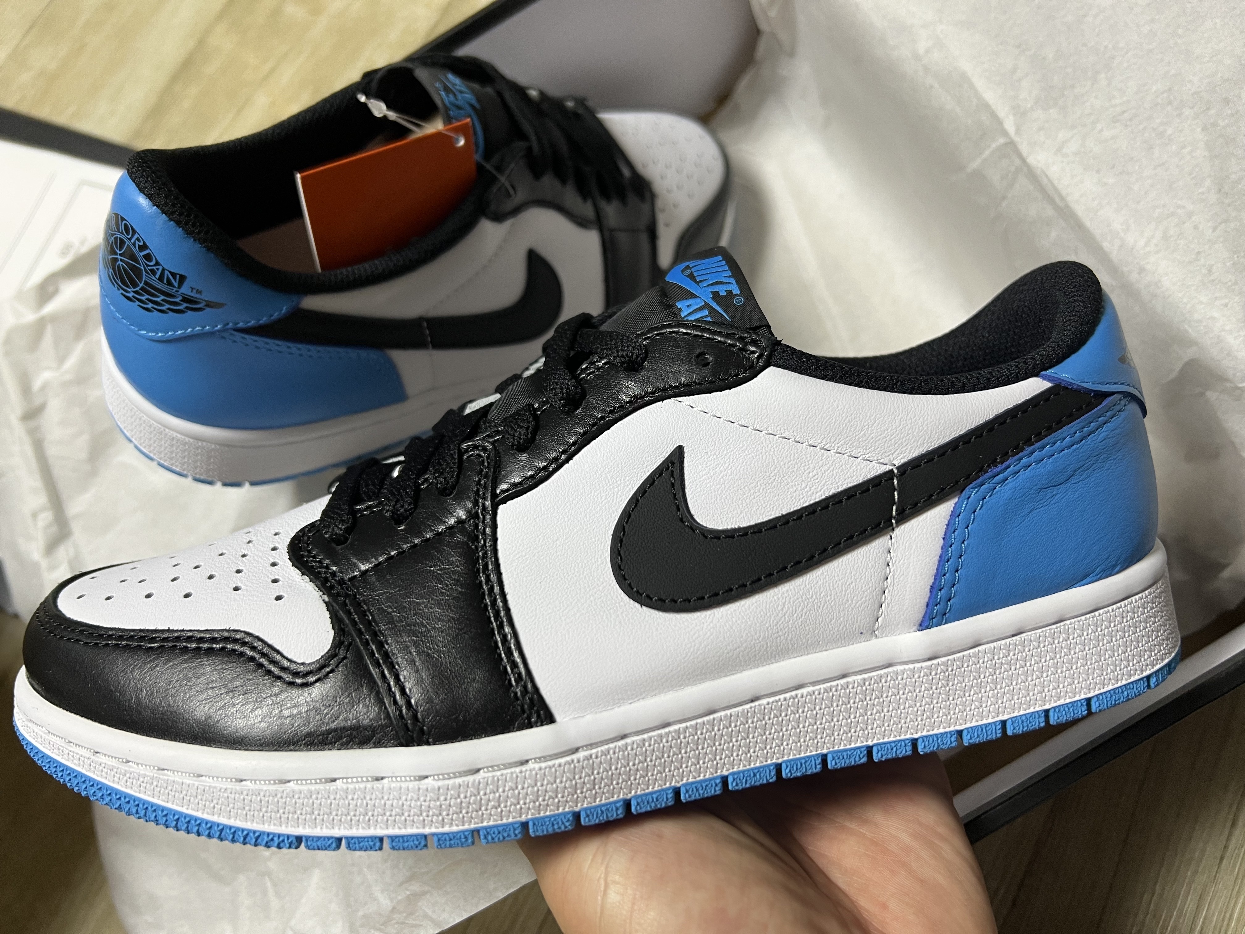 Jordan 1 Retro Low OG Black and Dark Powder Blue 착용 스타일 - 1