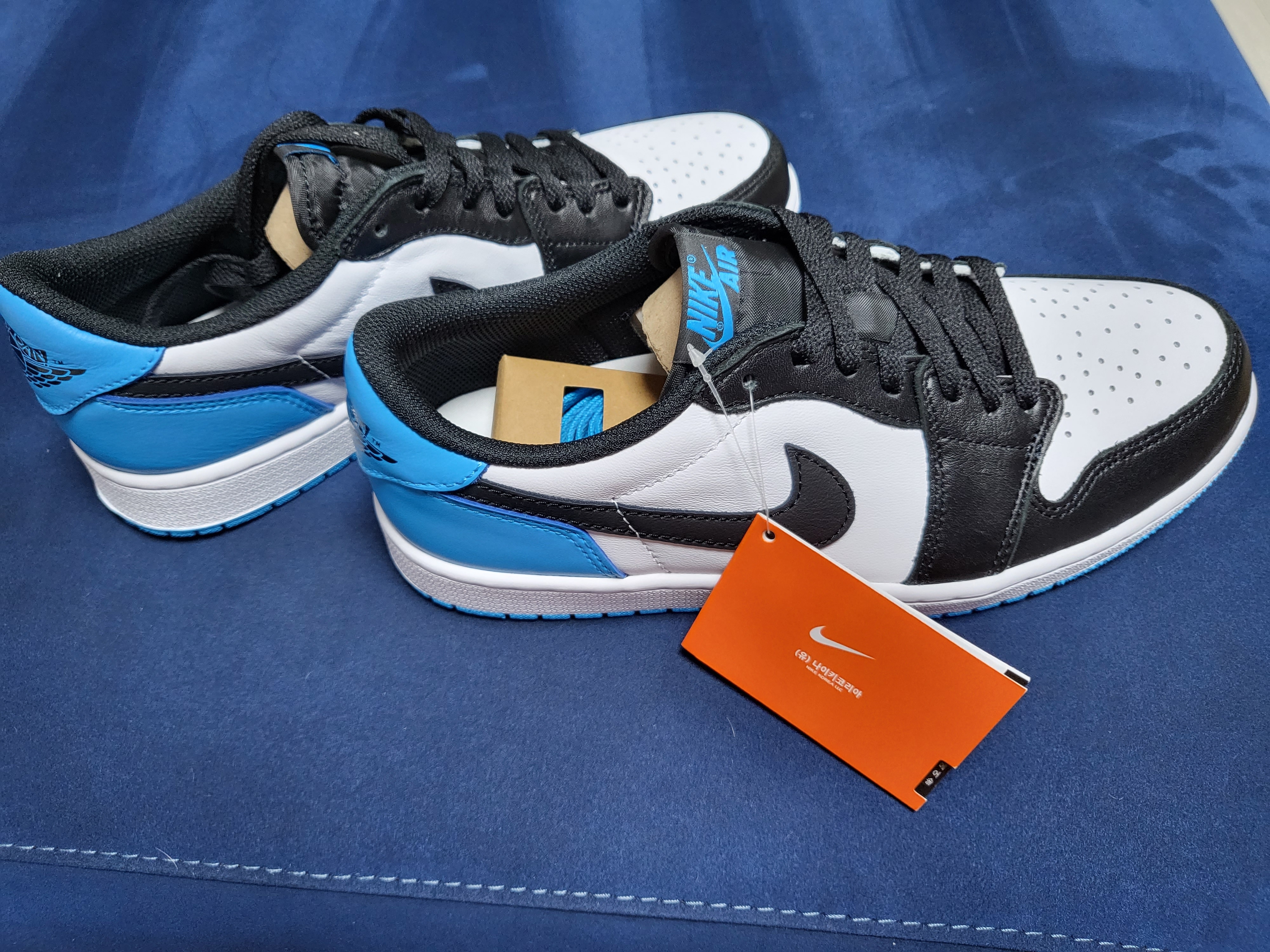 Jordan 1 Retro Low OG Black and Dark Powder Blue 착용 스타일 - 1
