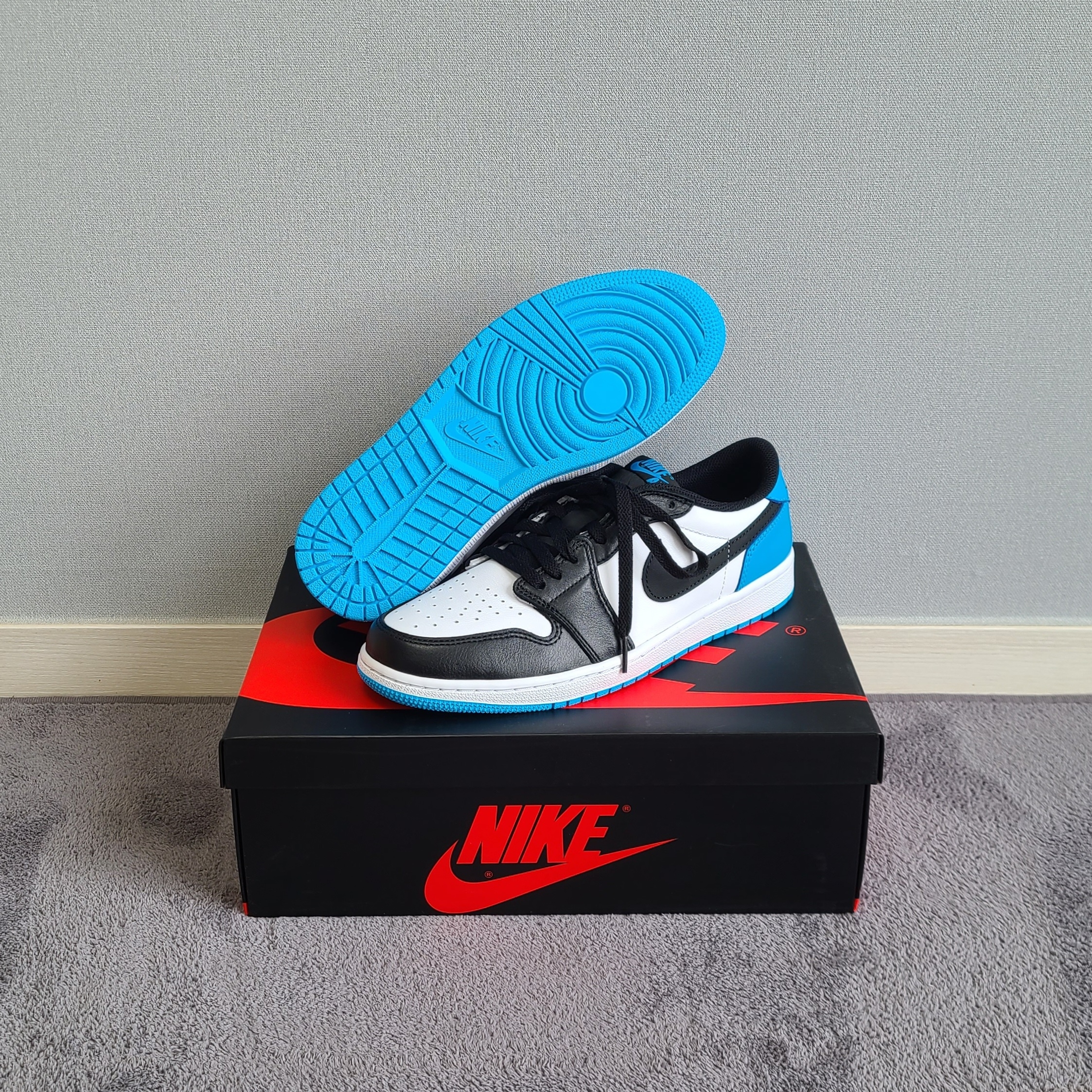 Jordan 1 Retro Low OG Black and Dark Powder Blue 착용 스타일 - 1