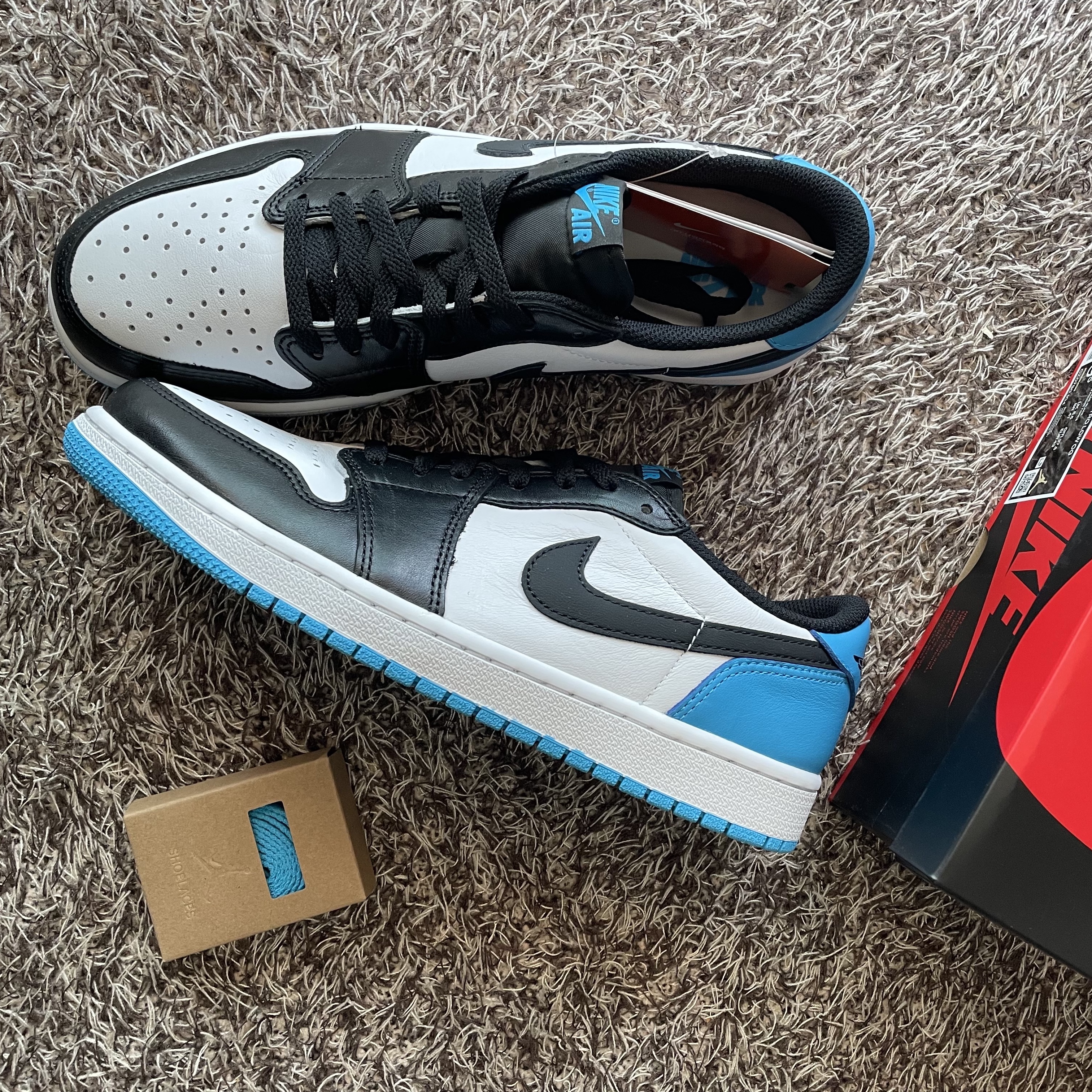 Jordan 1 Retro Low OG Black and Dark Powder Blue 착용 스타일 - 1