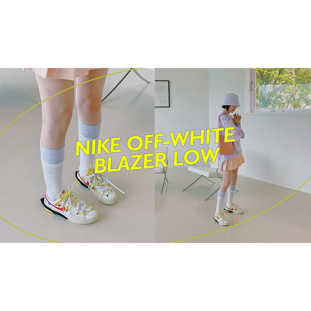 Nike x Off-White Blazer Low '77 White and University Red, Nike Everyday Plus Cushioned Training Crew Socks Black White (Korean Ver.) 착용 스타일 - 2