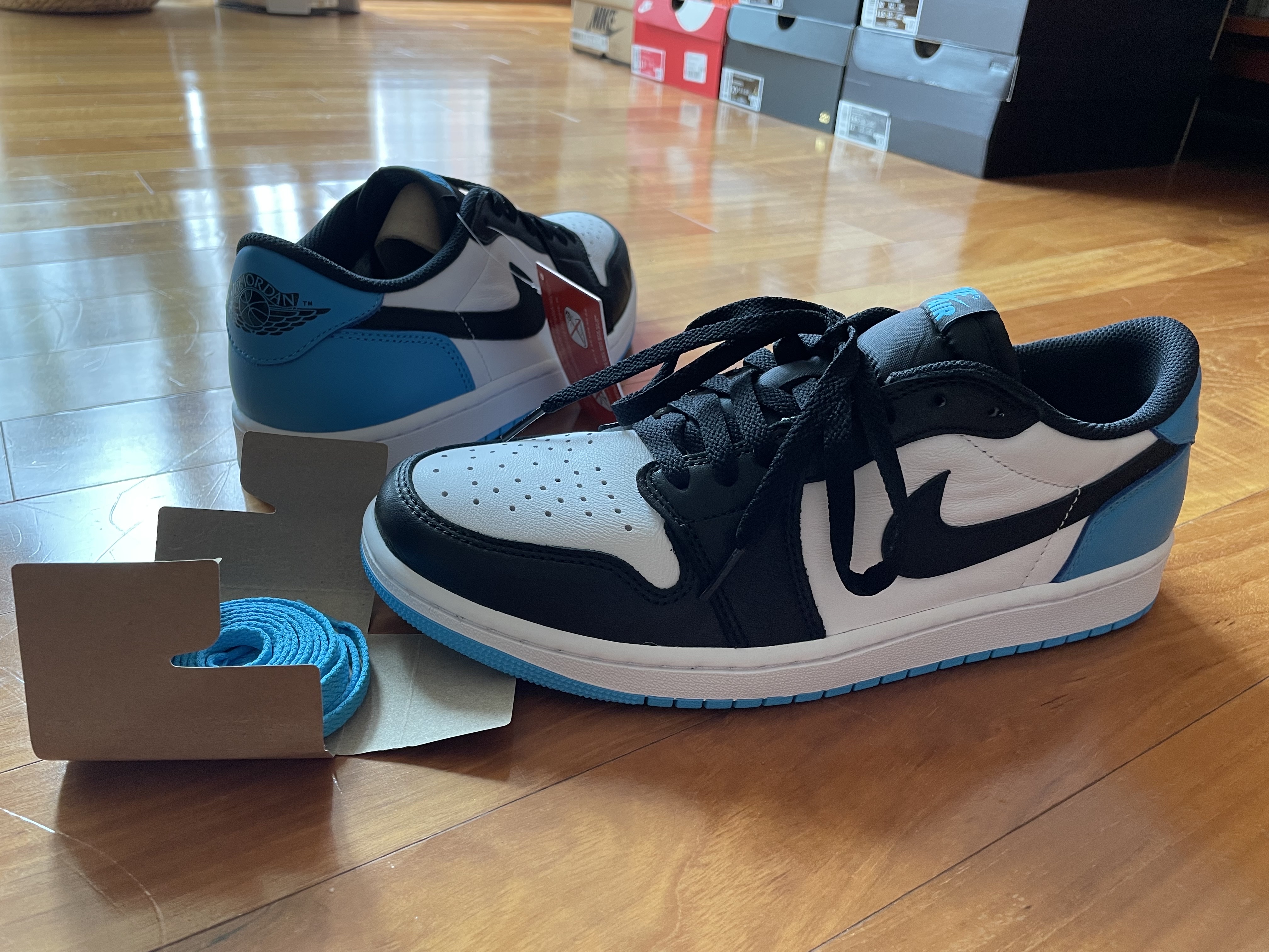 Jordan 1 Retro Low OG Black and Dark Powder Blue 착용 스타일 - 1