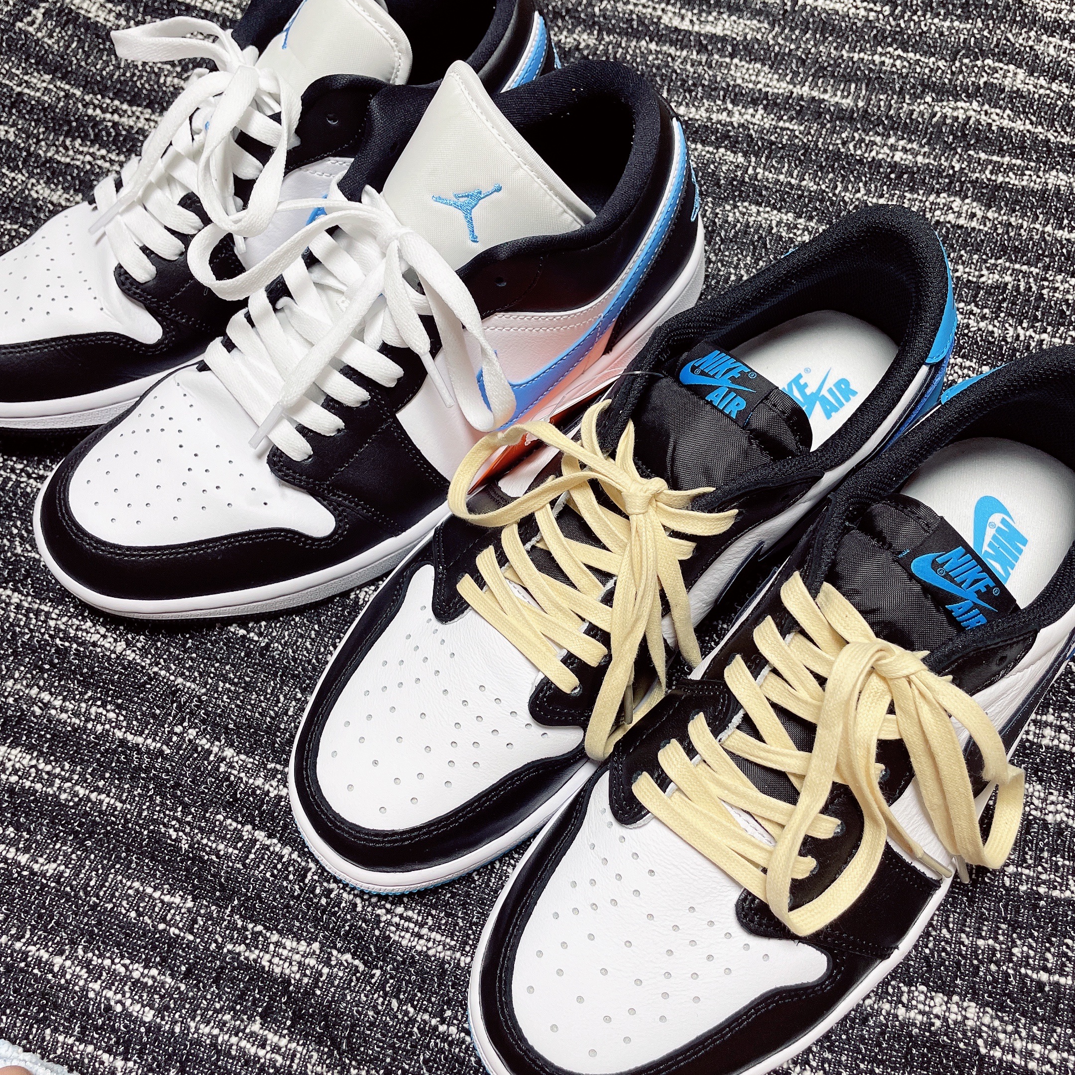 (W) Jordan 1 Retro Low OG Black and Dark Powder Blue, (W) Jordan 1 Low Black University Blue 착용 스타일 - 3