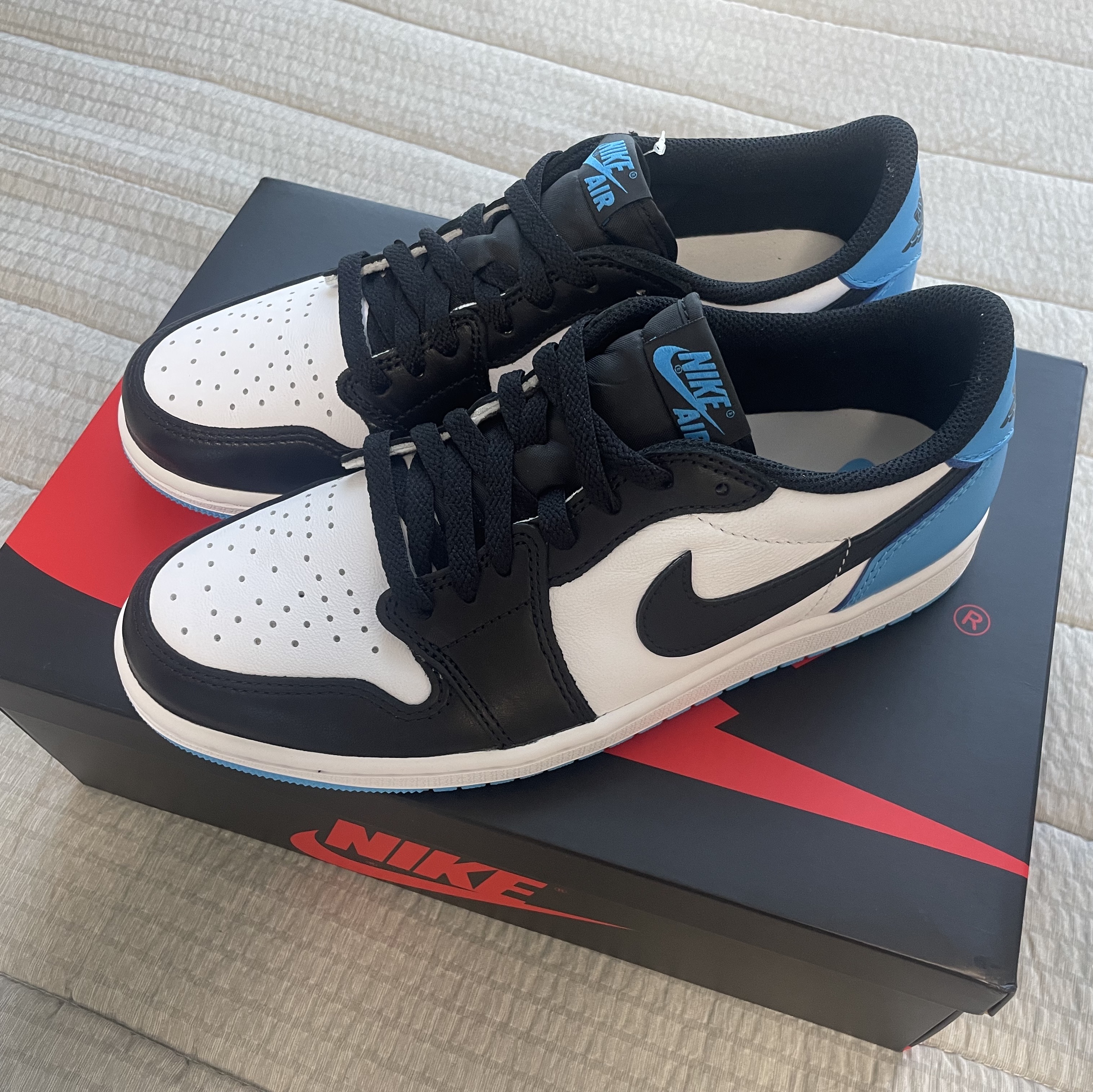 Jordan 1 Retro Low OG Black and Dark Powder Blue 착용 스타일 - 1