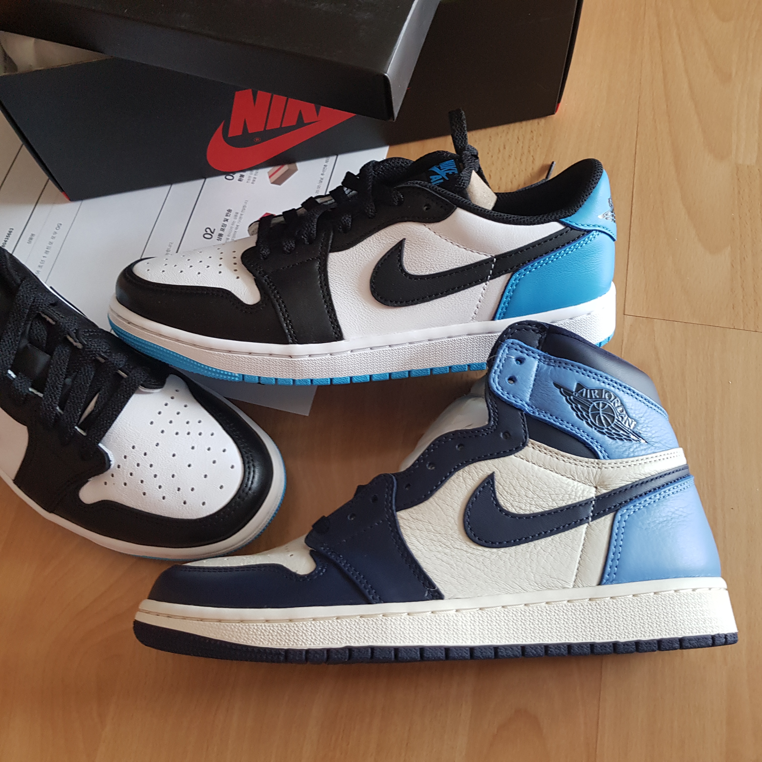 Jordan 1 Retro Low OG Black and Dark Powder Blue, Jordan 1 Retro High Obsidian UNC 착용 스타일 - 2
