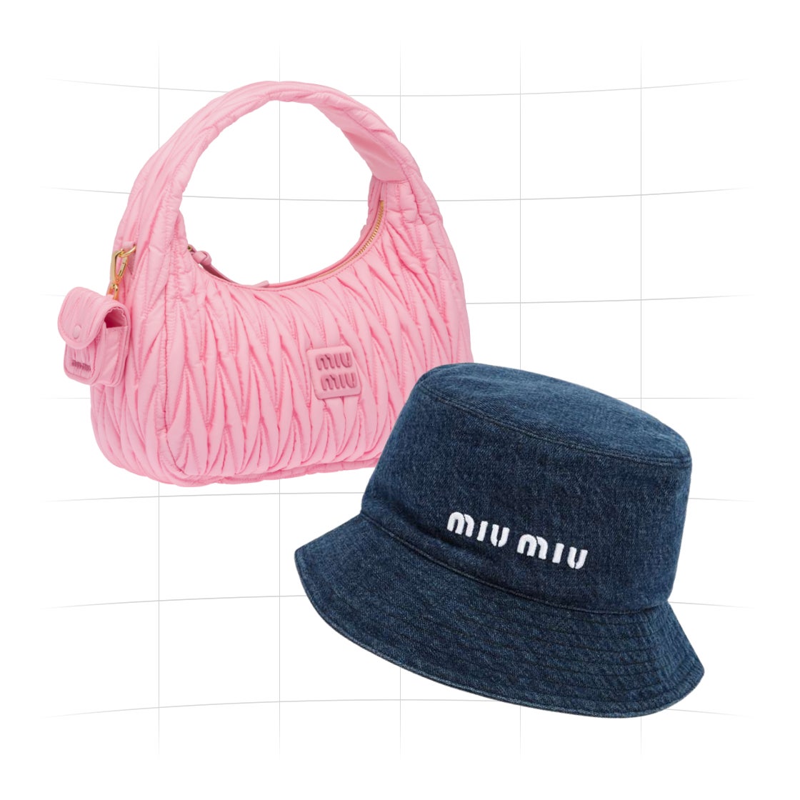 Miu Miu Wander Matelasse Nylon Hobo Bag + Denim Bucket Hat