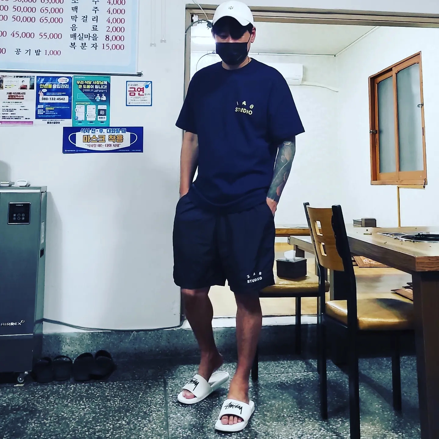 IAB Studio x Ottogi Mayonnaise 50th Anniversary T-Shirt Navy, IAB Studio Woven Shorts Black 착용 스타일