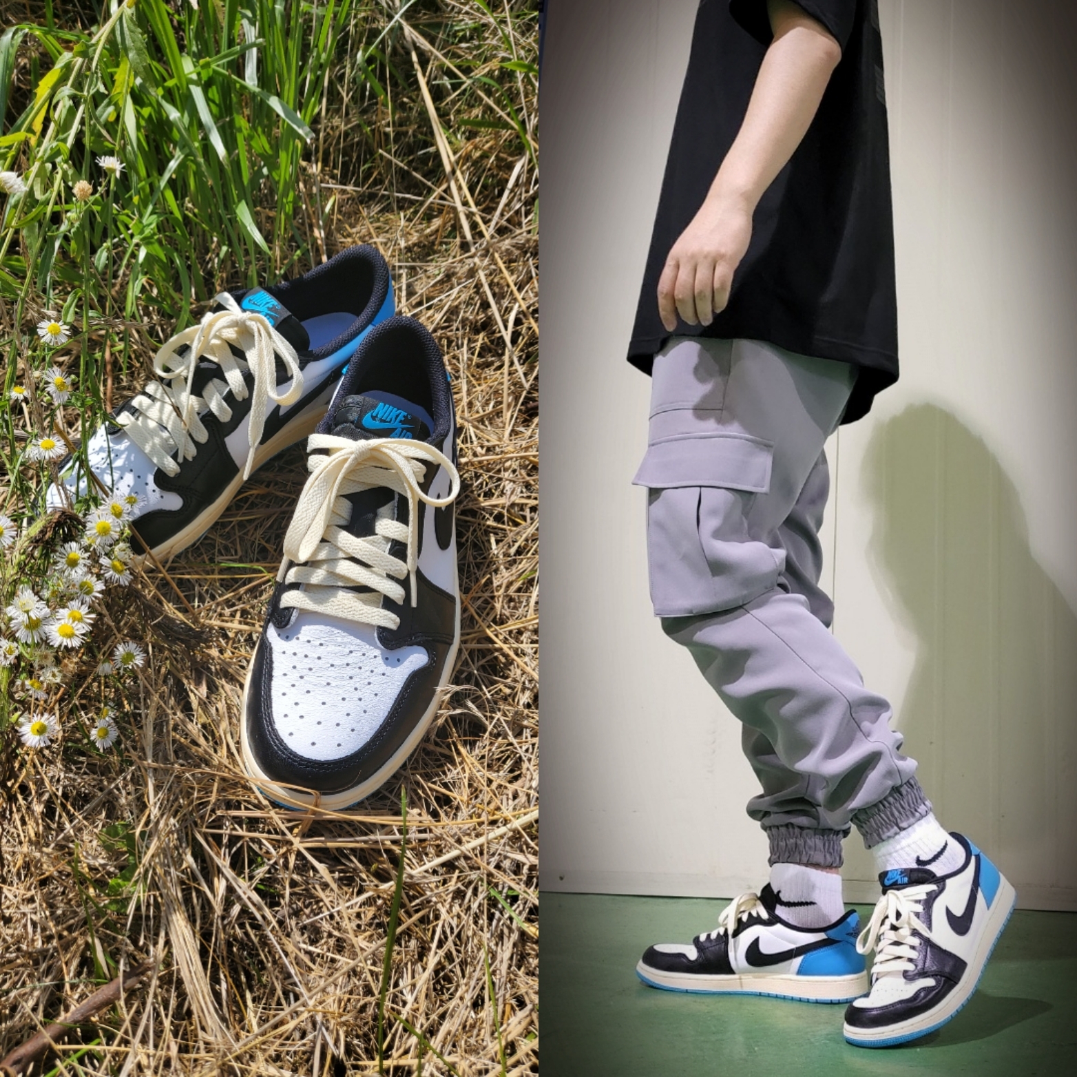 Jordan 1 Retro Low OG Black and Dark Powder Blue 착용 스타일