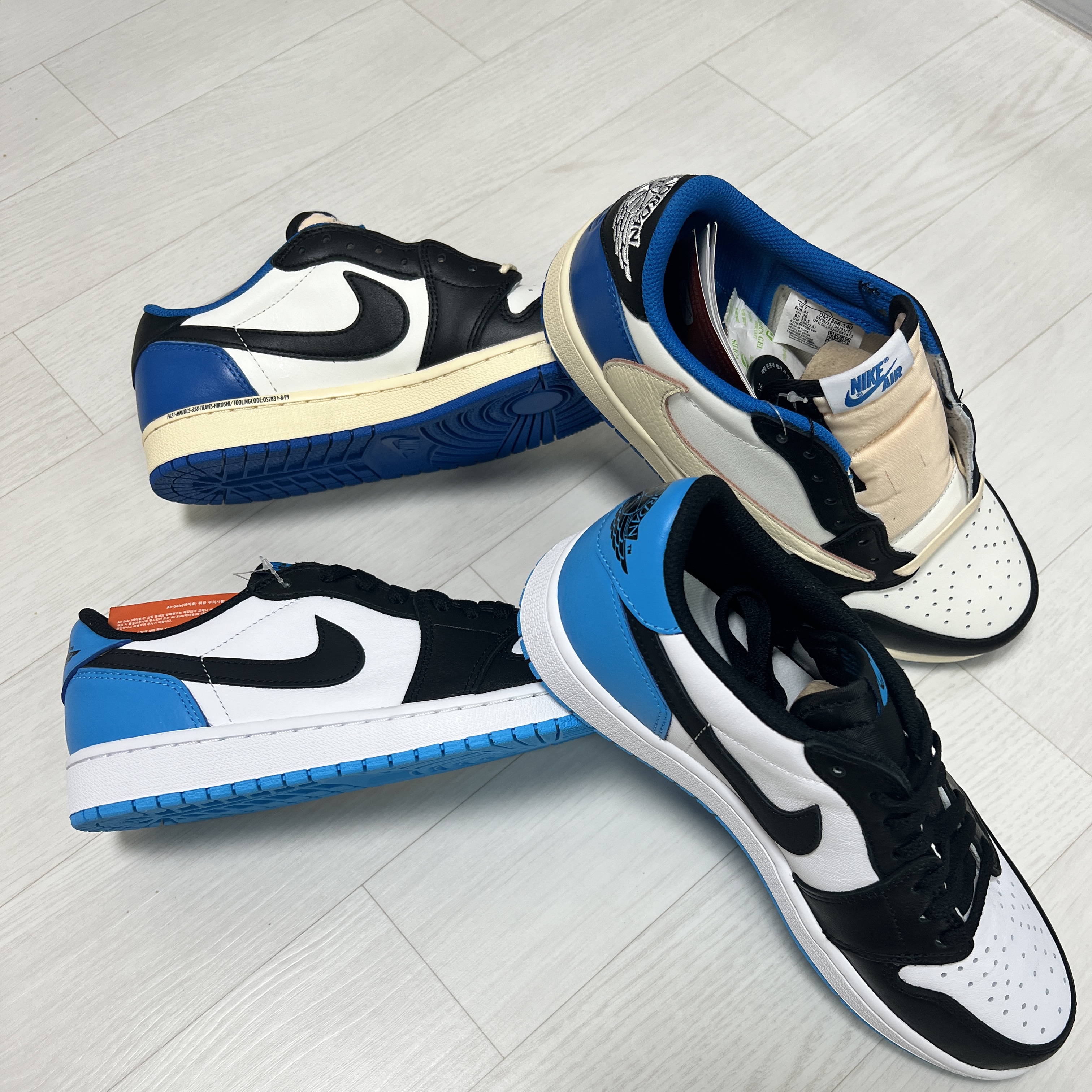 Jordan 1 x Travis Scott x Fragment Retro Low OG SP Military Blue, Jordan 1 Retro Low OG Black and Dark Powder Blue 착용 스타일