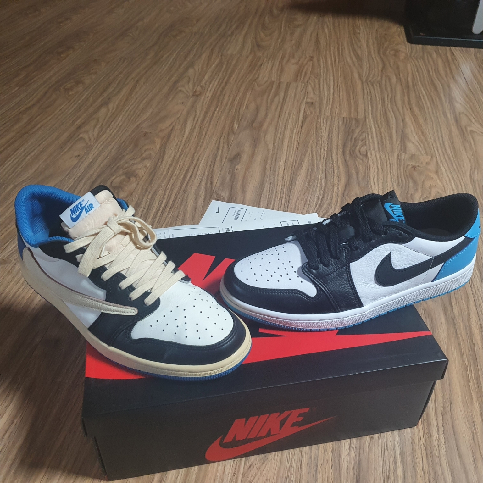 Jordan 1 x Travis Scott x Fragment Retro Low OG SP Military Blue, Jordan 1 Retro Low OG Black and Dark Powder Blue 착용 스타일