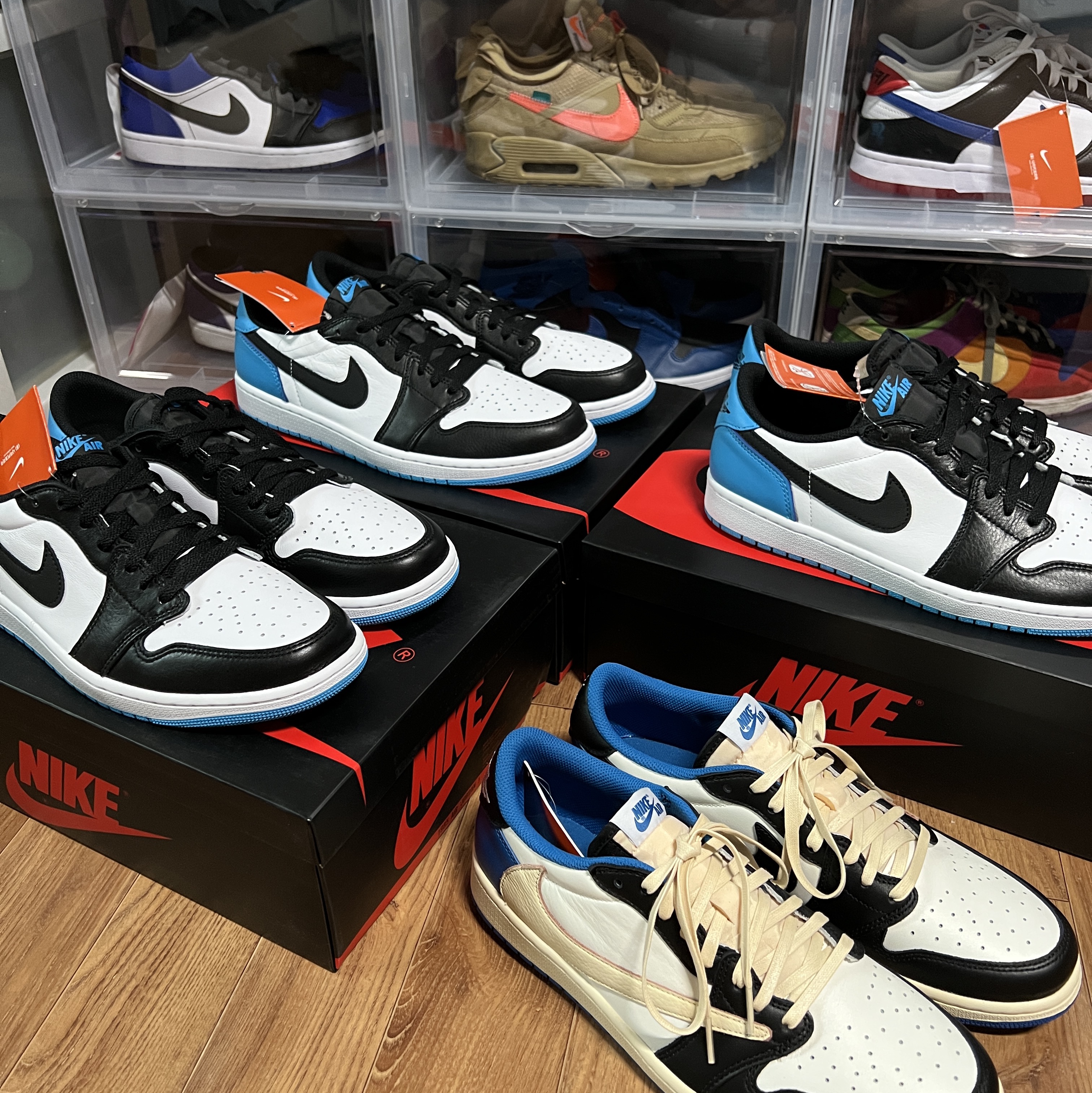 Jordan 1 x Travis Scott x Fragment Retro Low OG SP Military Blue, Jordan 1 Retro Low OG Black and Dark Powder Blue 착용 스타일