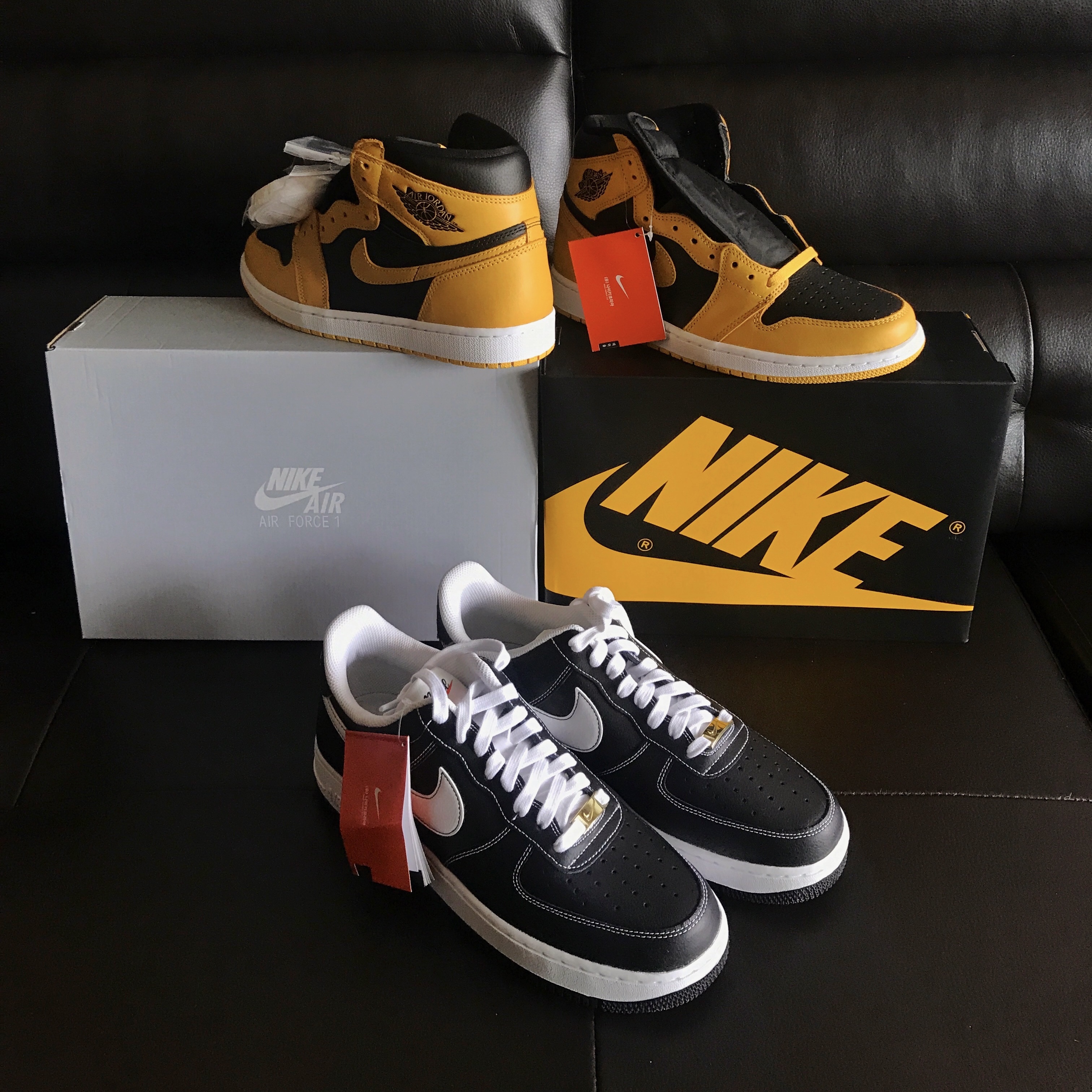 Nike Air Force 1 '07 First Use Black White, Jordan 1 Retro High OG Pollen 착용 스타일