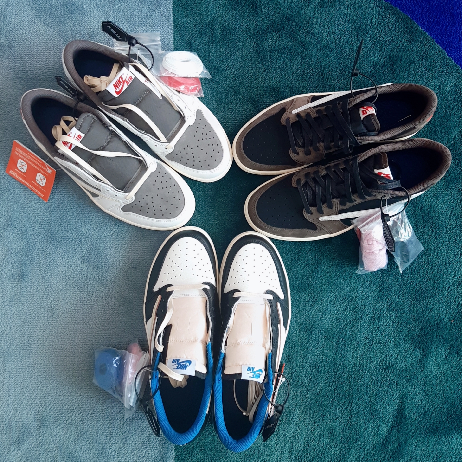 Jordan 1 x Travis Scott x Fragment Retro Low OG SP Military Blue, Jordan 1 x Travis Scott Retro Low OG SP Sail and Ridgerock 착용 스타일