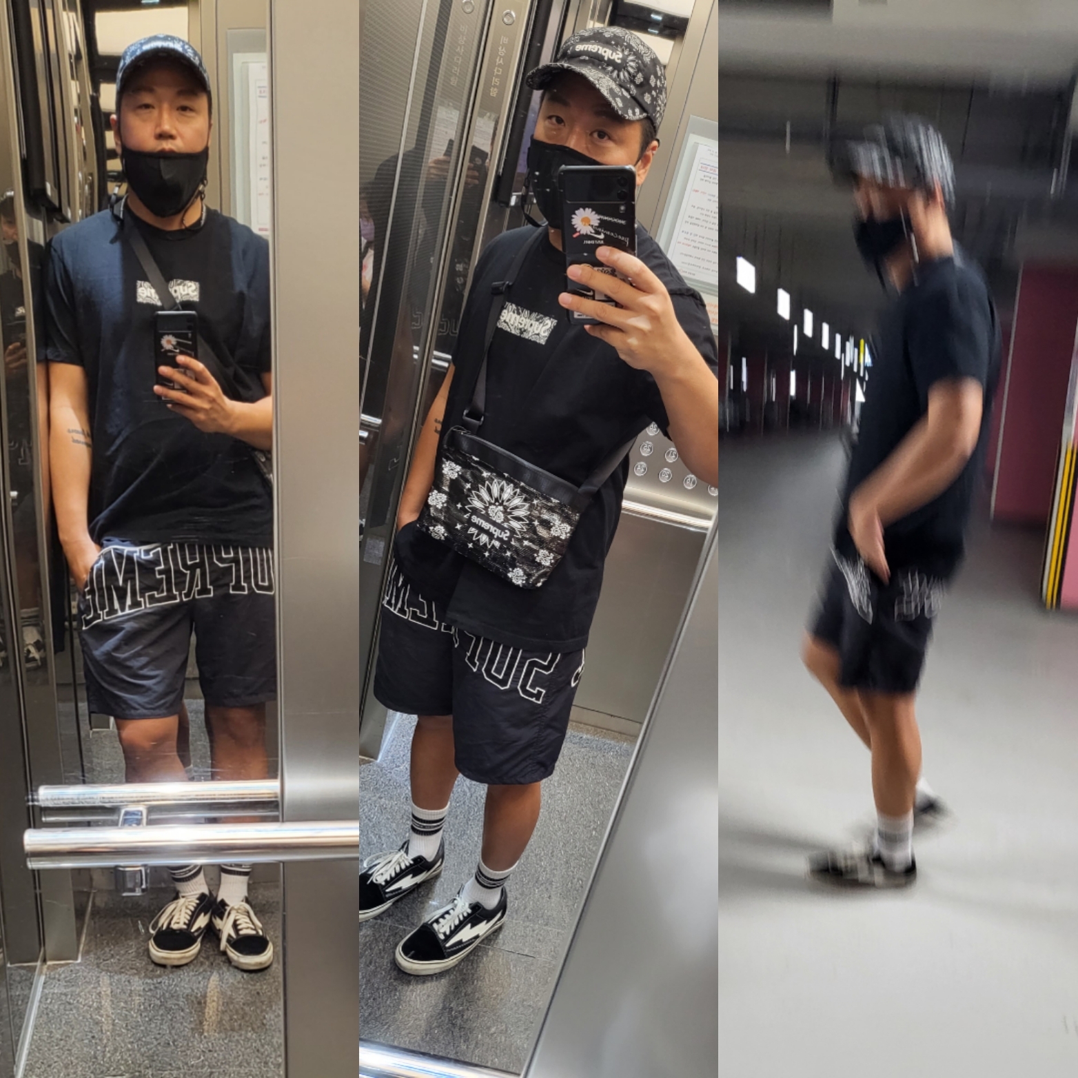 Supreme Bandana Camp Cap Black - 21SS, Supreme Bandana Tarp Side Bag Black - 21SS 착용 스타일