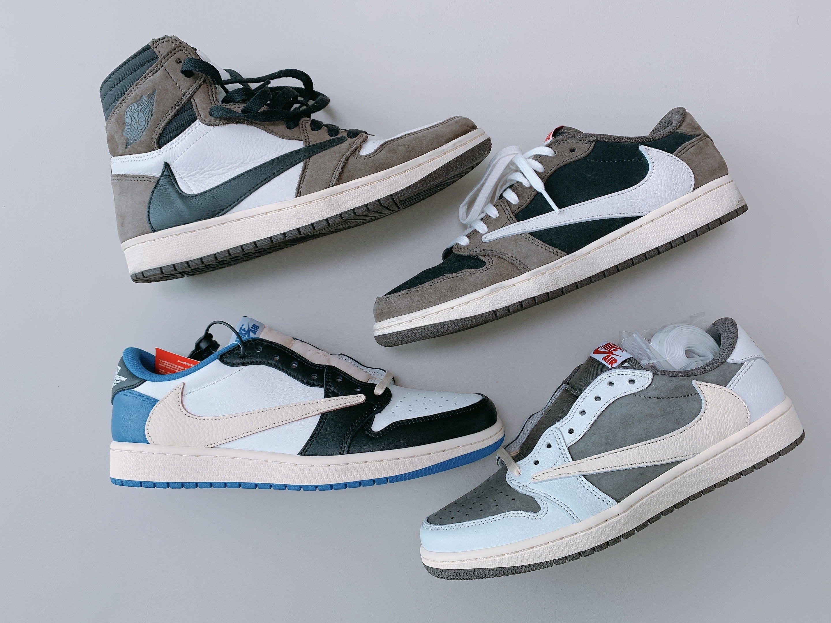 Jordan 1 x Travis Scott Retro High OG SP Mocha, Jordan 1 x Travis Scott x Fragment Retro Low OG SP Military Blue 착용 스타일