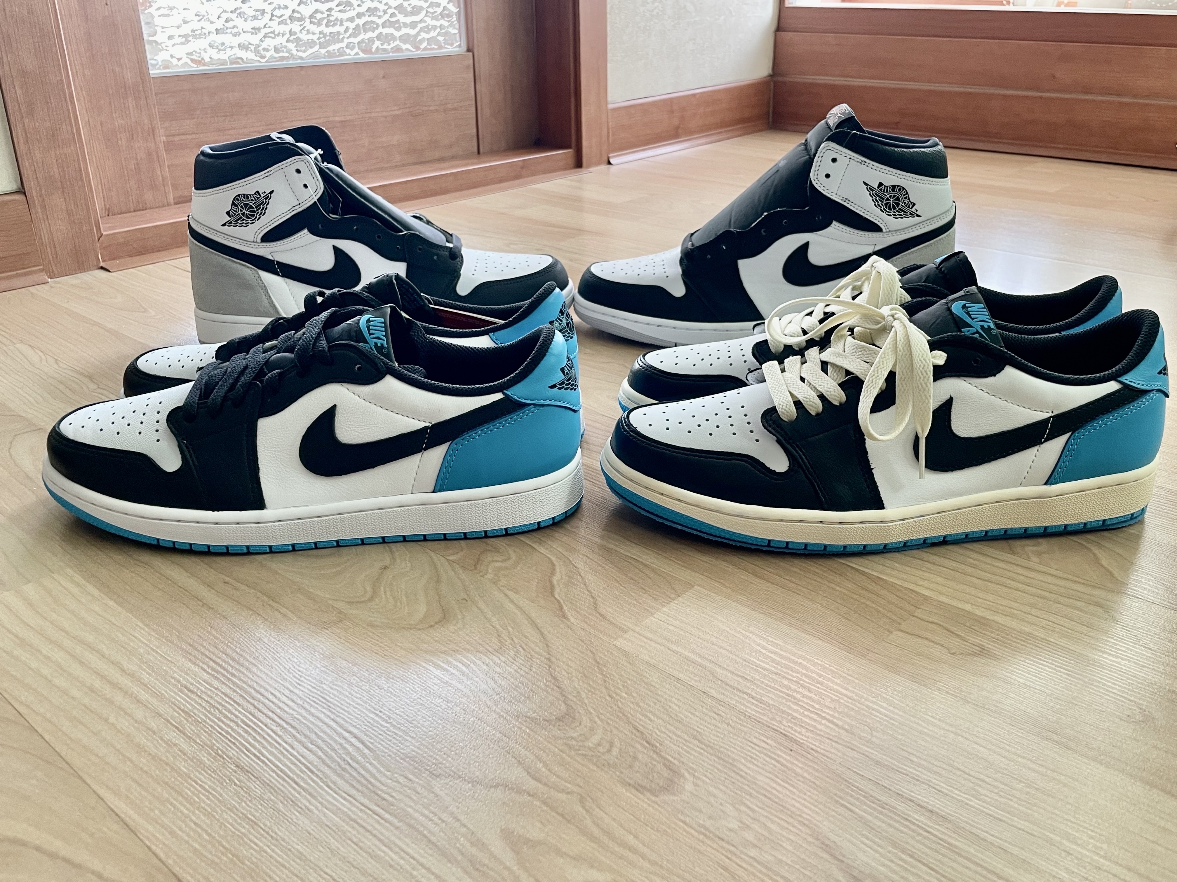 Jordan 1 Retro Low OG Black and Dark Powder Blue, Nike x Kasina Air Max 1 SP Won-Ang Particle Grey 착용 스타일 - 4