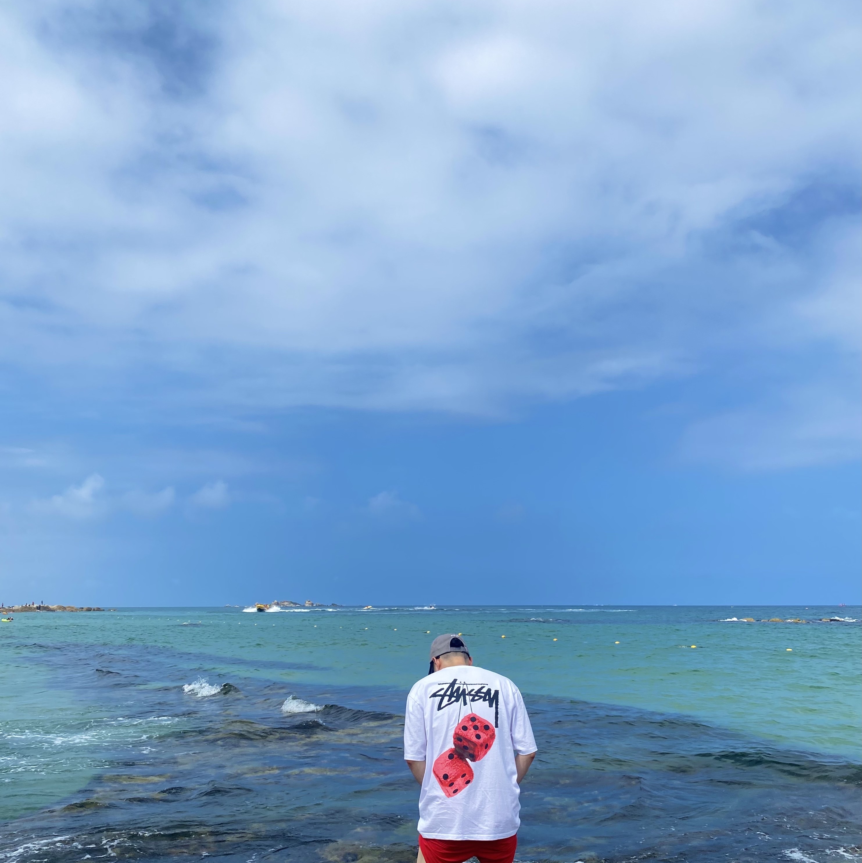Stussy Fuzzy Dice T-Shirt White, Patagonia Baggies Shorts 5 Inch Sumac Red 착용 스타일
