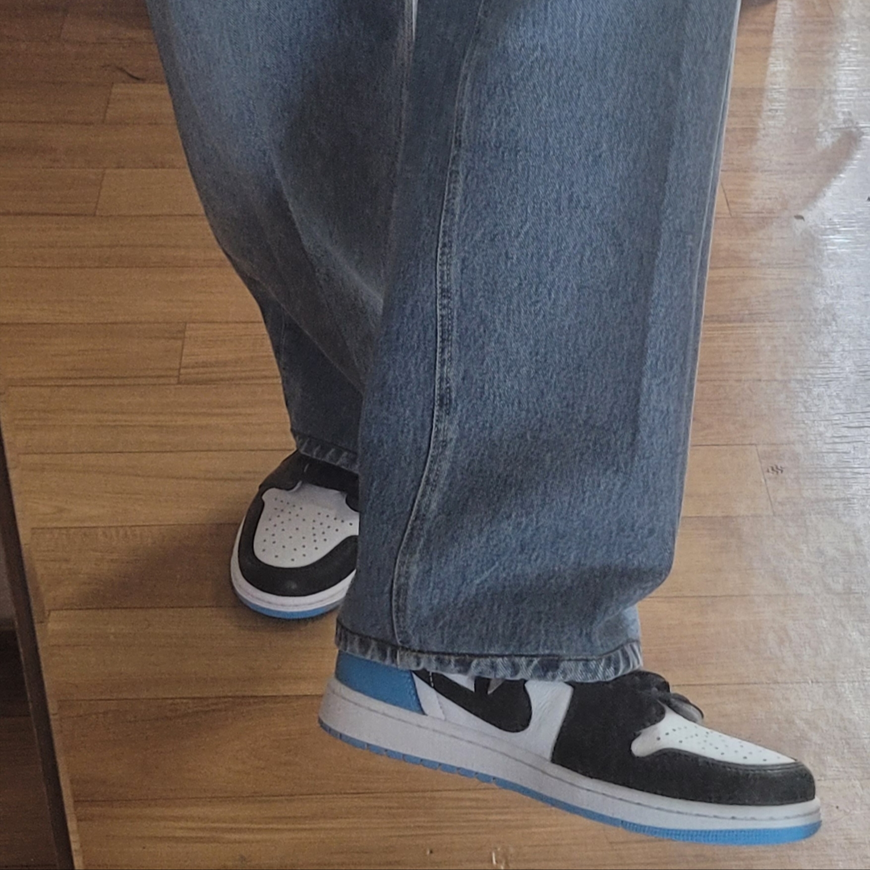 Jordan 1 Retro Low OG Black and Dark Powder Blue 착용 스타일 - 1