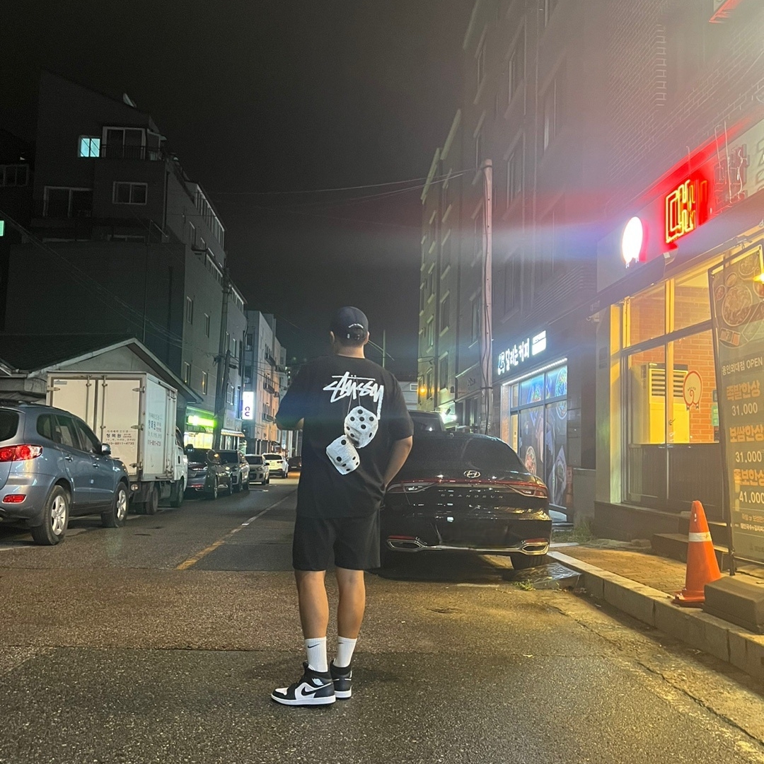 Stussy Fuzzy Dice T-Shirt Black, Jordan 1 Mid Dark Teal 착용 스타일