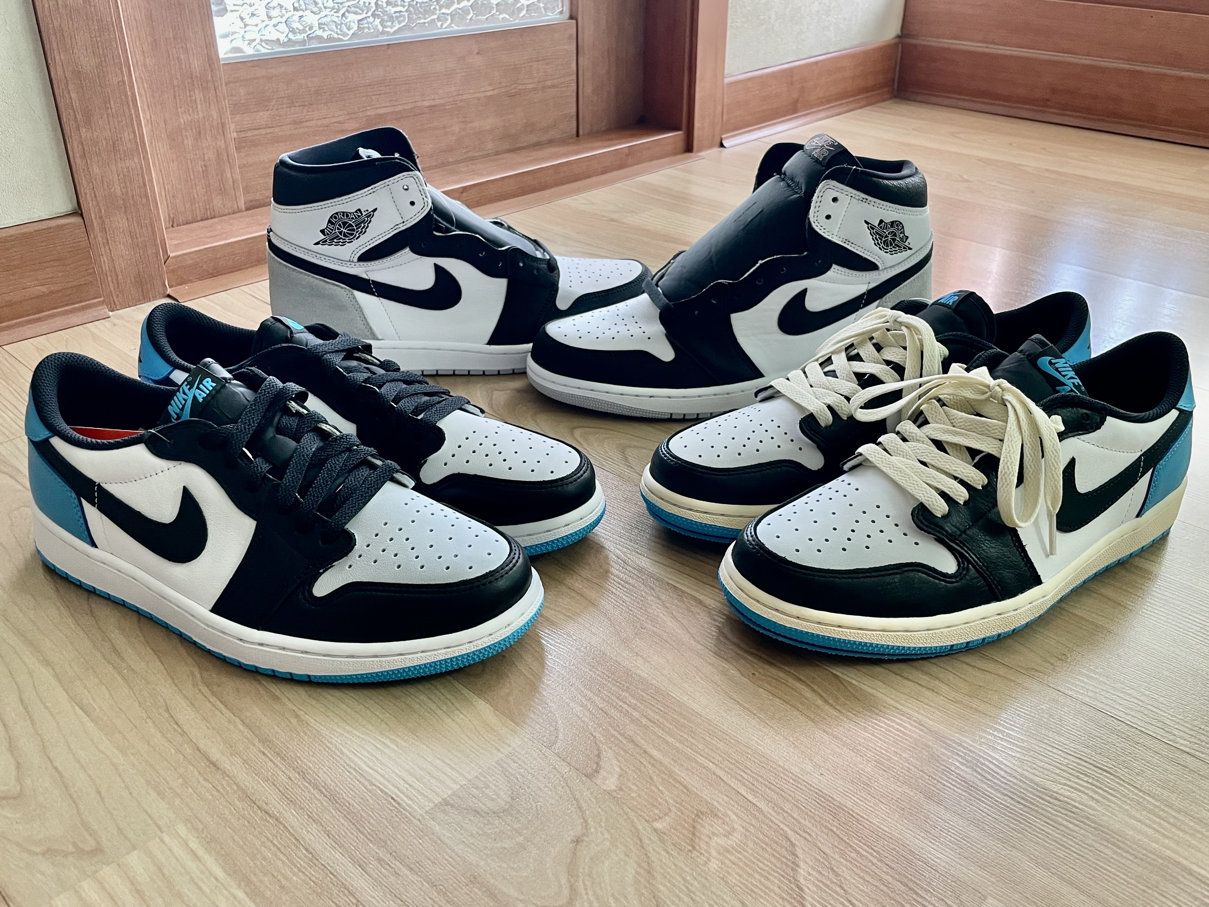 Jordan 1 Retro Low OG Black and Dark Powder Blue, Nike x Kasina Air Max 1 SP Won-Ang Particle Grey 착용 스타일 - 3