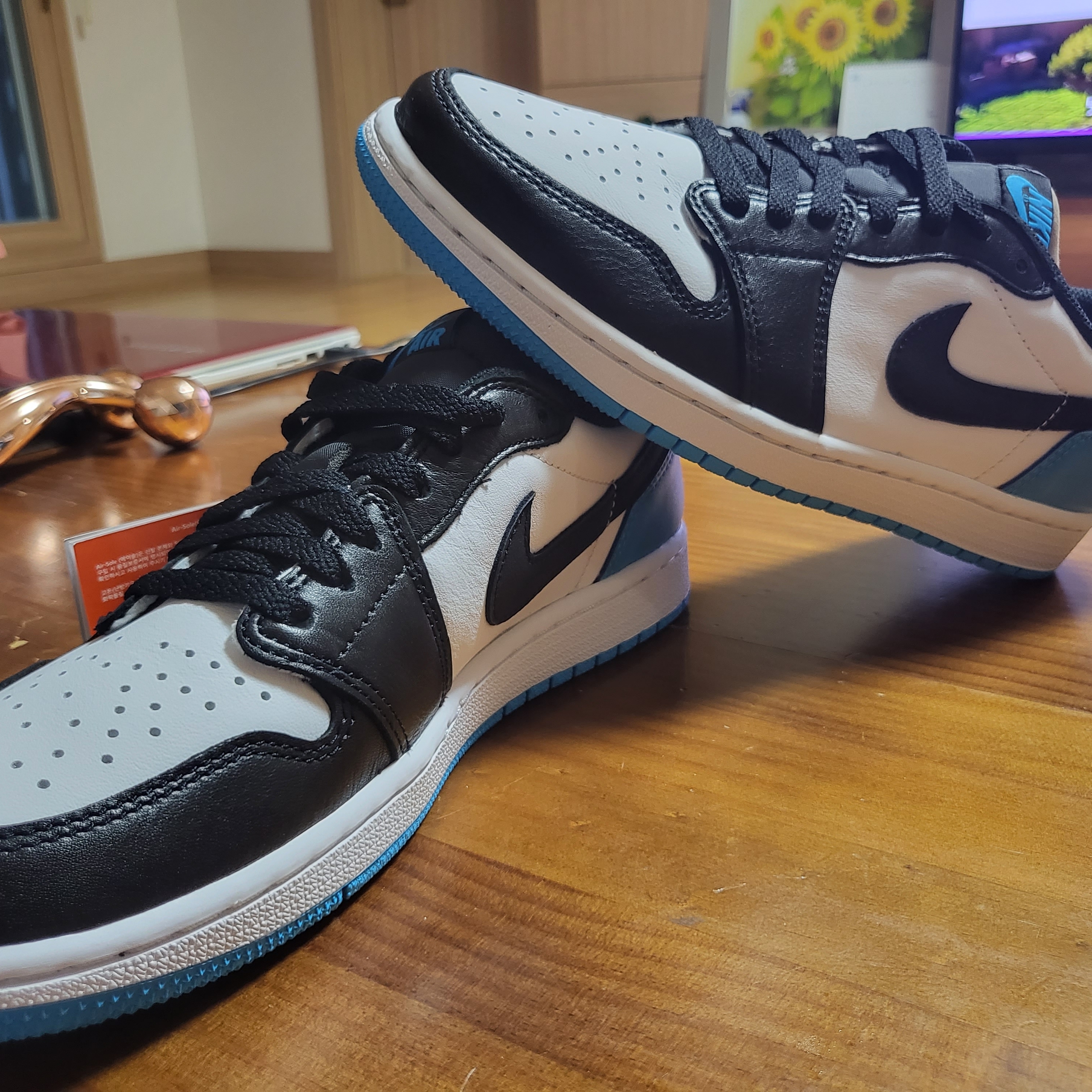 Jordan 1 Retro Low OG Black and Dark Powder Blue 착용 스타일 - 1