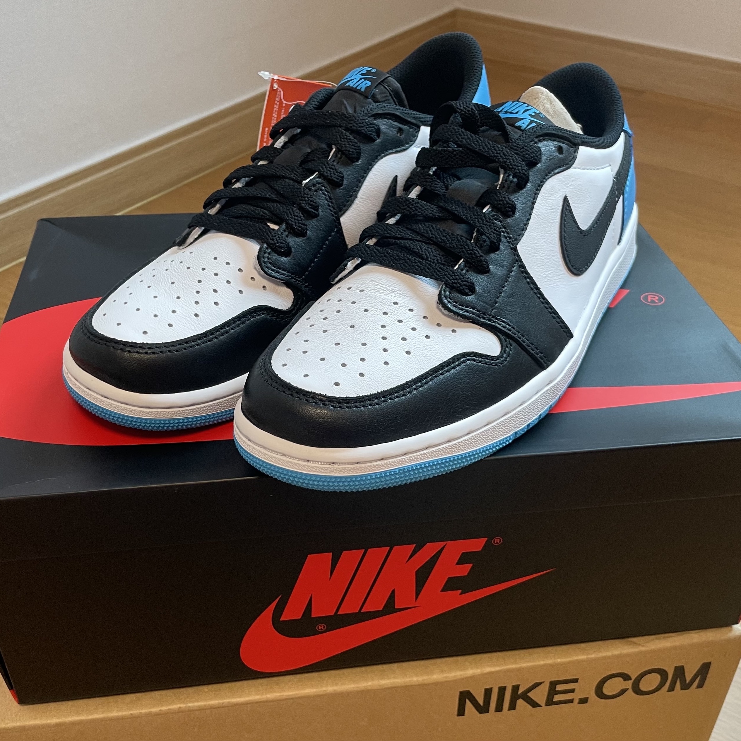 Jordan 1 Retro Low OG Black and Dark Powder Blue 착용 스타일 - 1