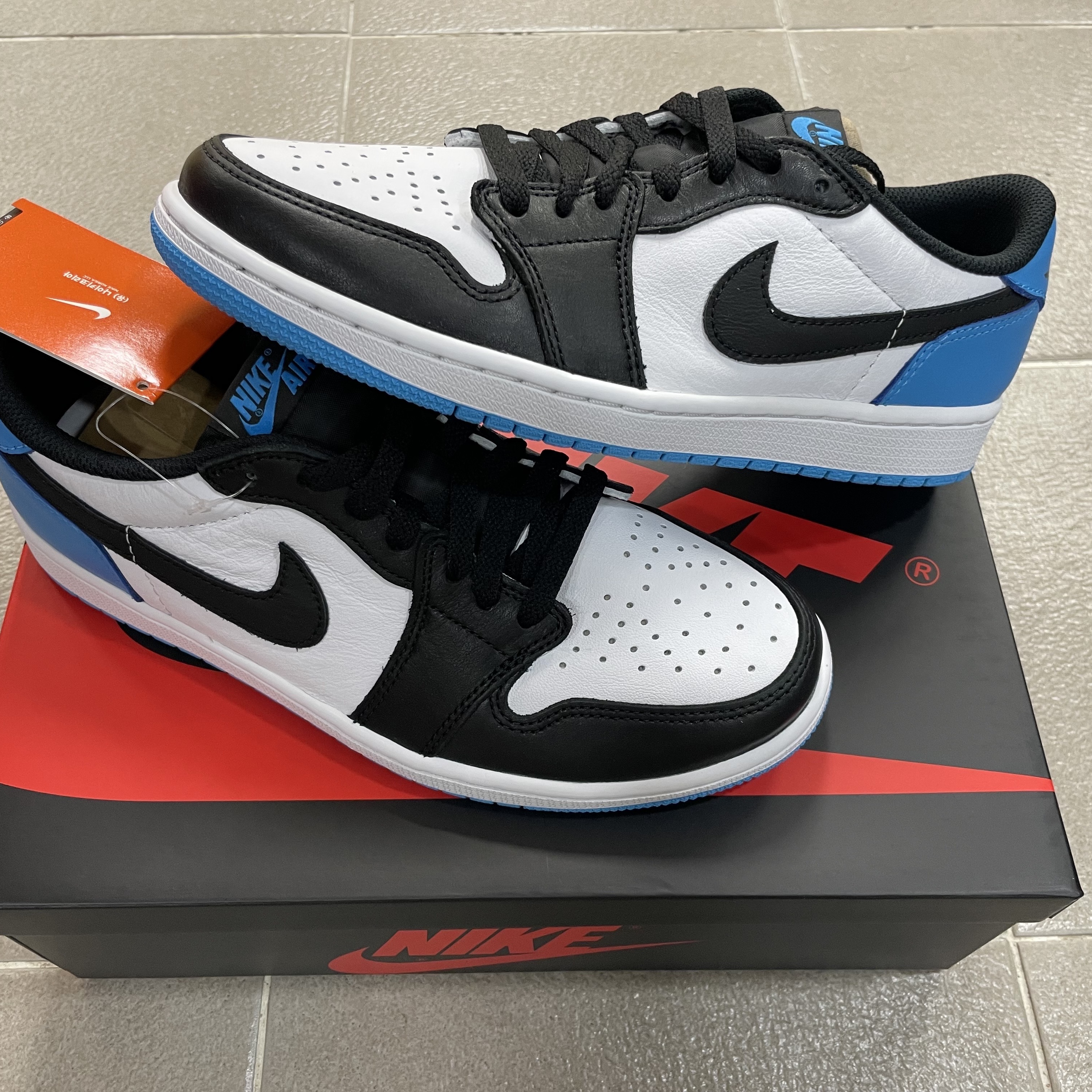 Jordan 1 Retro Low OG Black and Dark Powder Blue 착용 스타일 - 1
