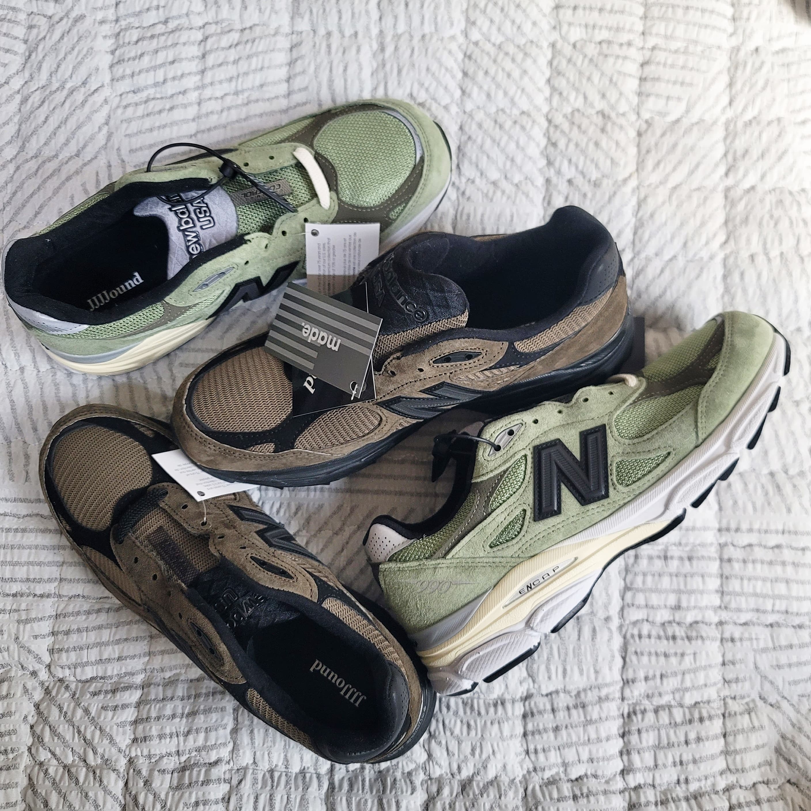 New Balance x JJJJound 990v3 Brown Black, New Balance x JJJJound 990v3 Olive 착용 스타일