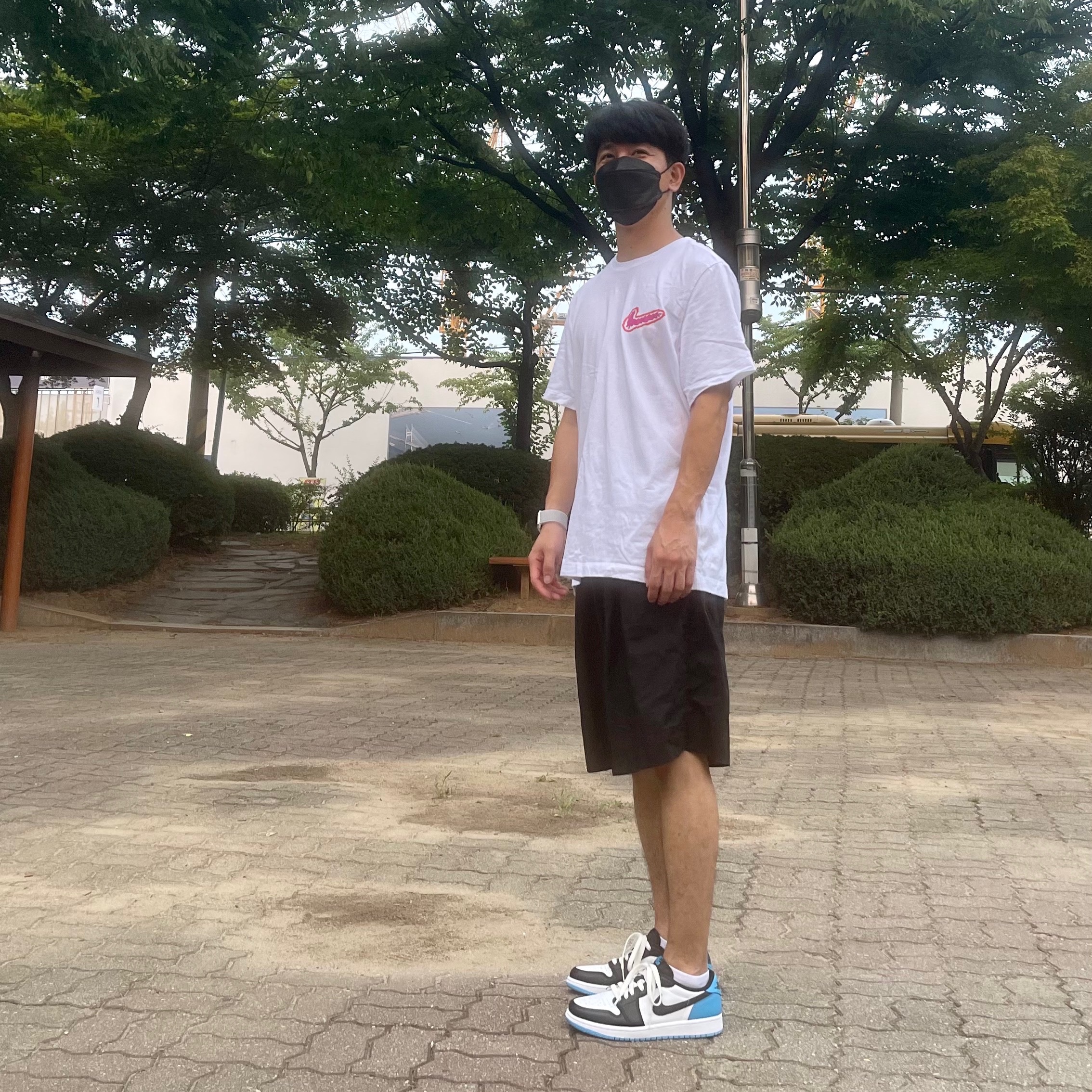Jordan 1 Retro Low OG Black and Dark Powder Blue 착용 스타일 - 1