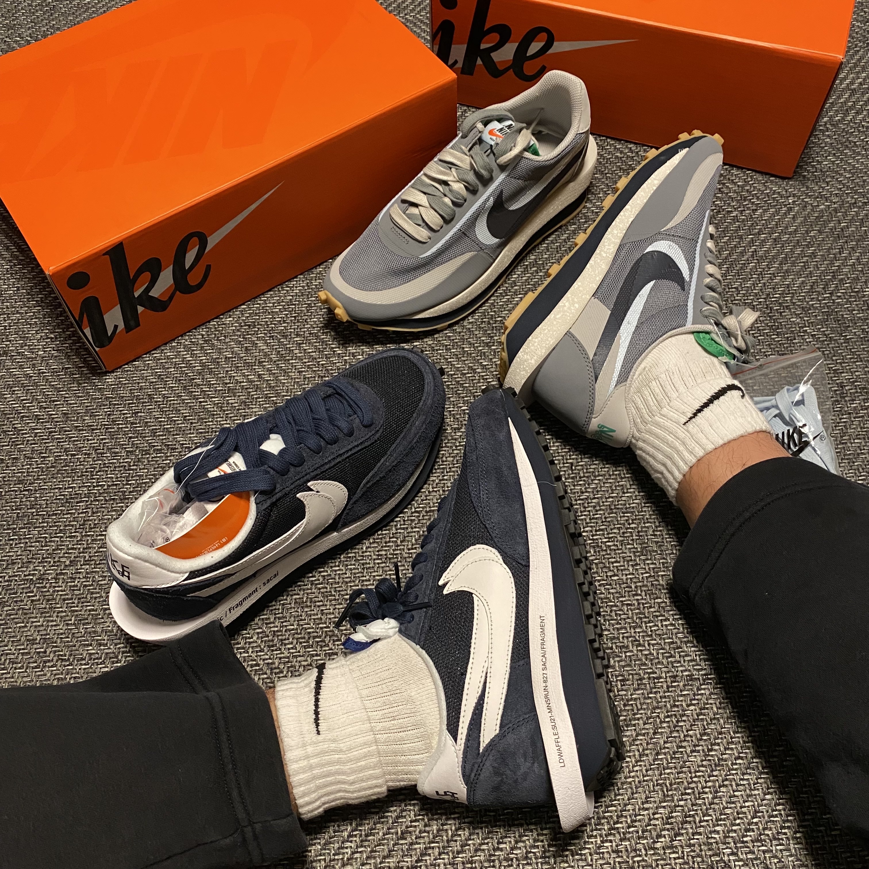 Nike x Sacai x Clot LDWaffle Cool Grey, Nike x Sacai x Fragment LDWaffle Blackened Blue 착용 스타일