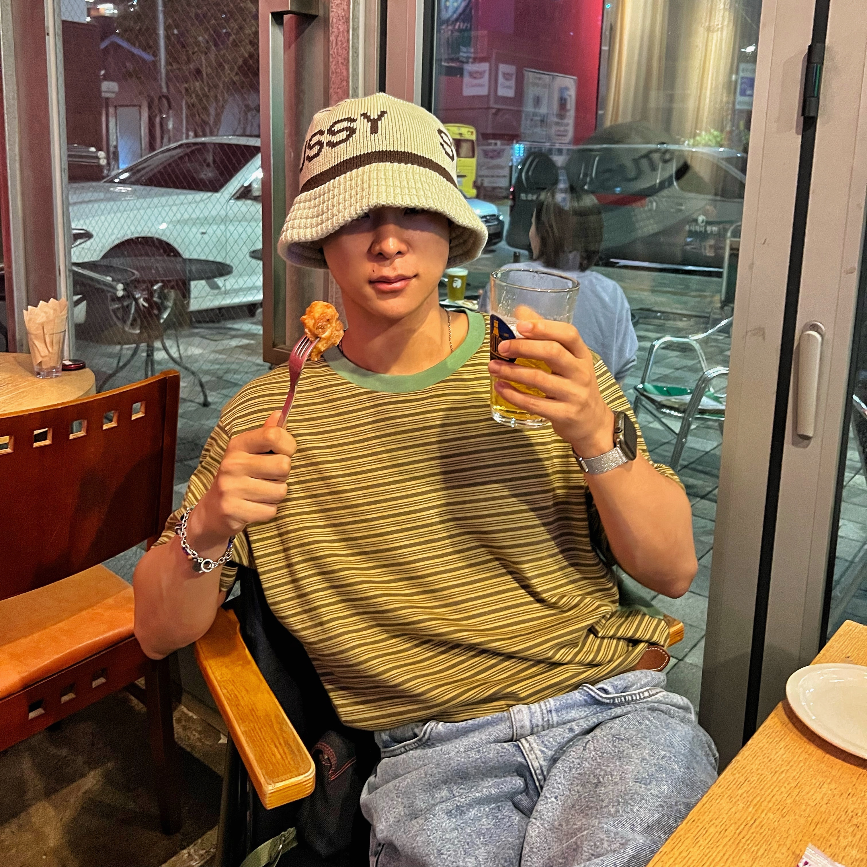 Stussy Jacquard Knit Bucket Hat Natural, Uniqlo x Marni Striped Crewneck Short Sleeve T-Shirt Green 착용 스타일
