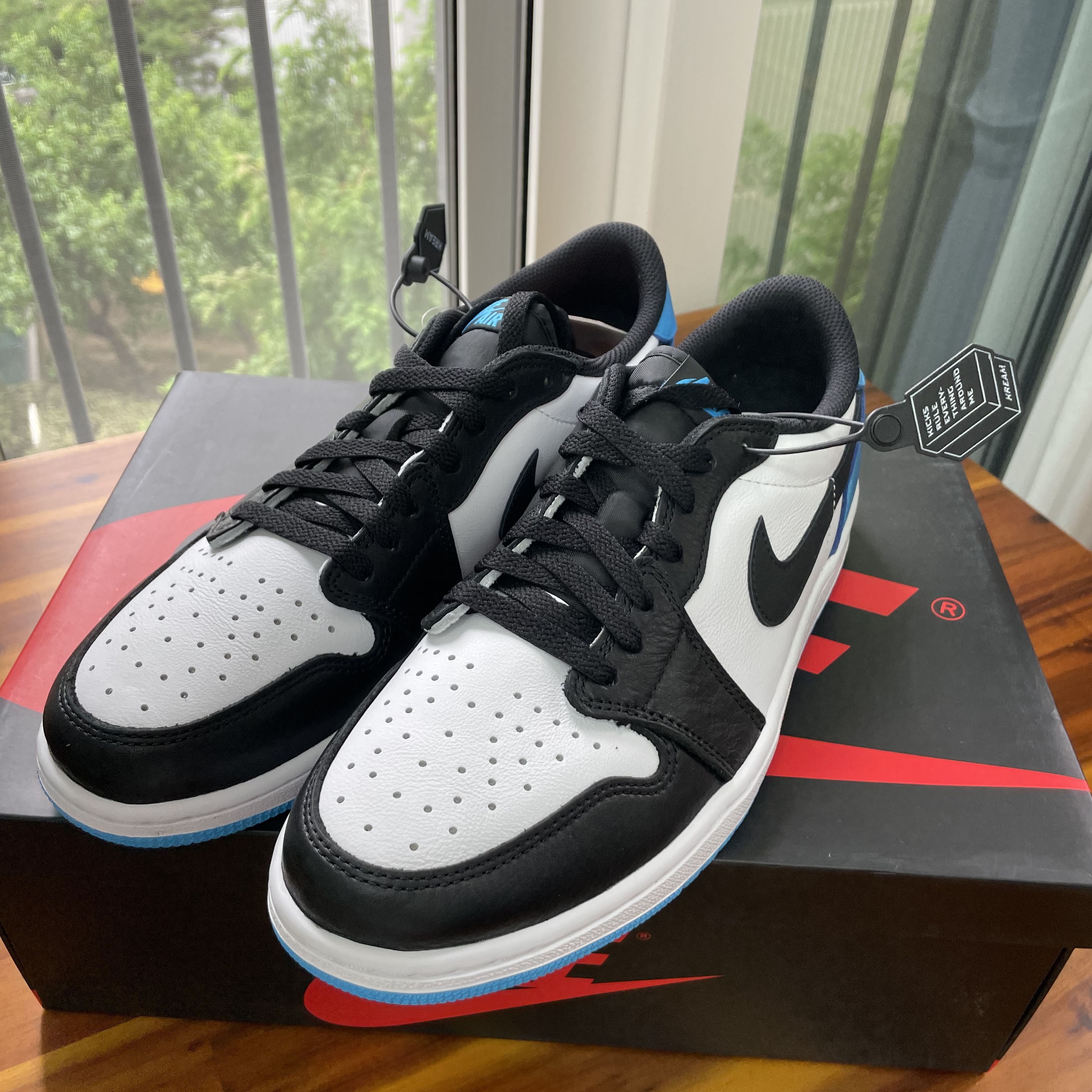 Jordan 1 Retro Low OG Black and Dark Powder Blue 착용 스타일 - 2