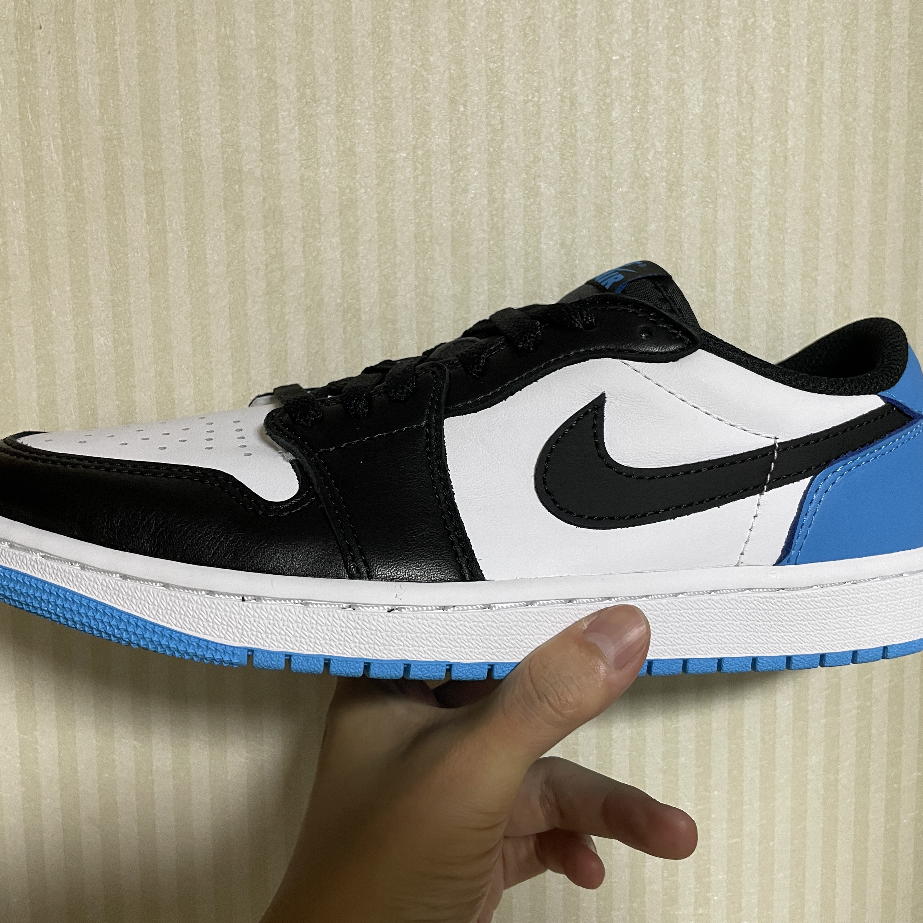 Jordan 1 Retro Low OG Black and Dark Powder Blue 착용 스타일 - 1