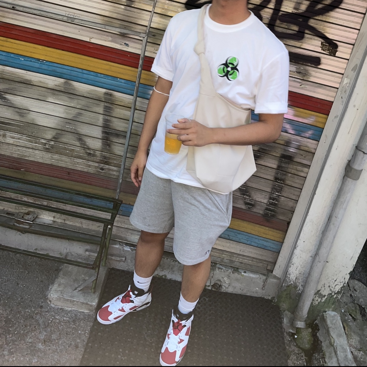Jordan 6 Retro Carmine 2021, Palace Bio Hazard T-Shirt White - 21SS 착용 스타일