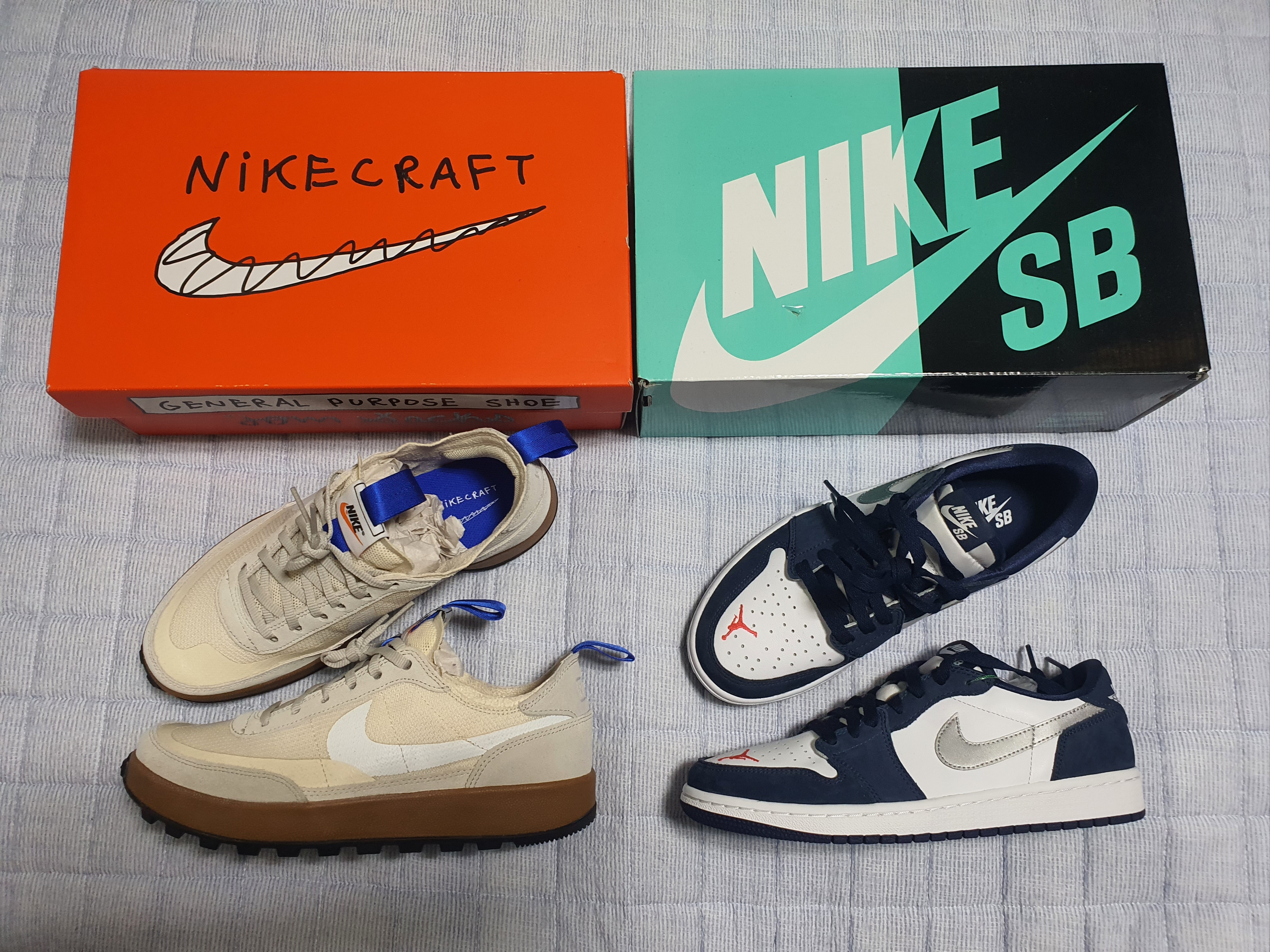 Nike x Tom Sachs General Purpose Shoe Light Cream, Jordan 1 Low SB Koston Midnight Navy 착용 스타일