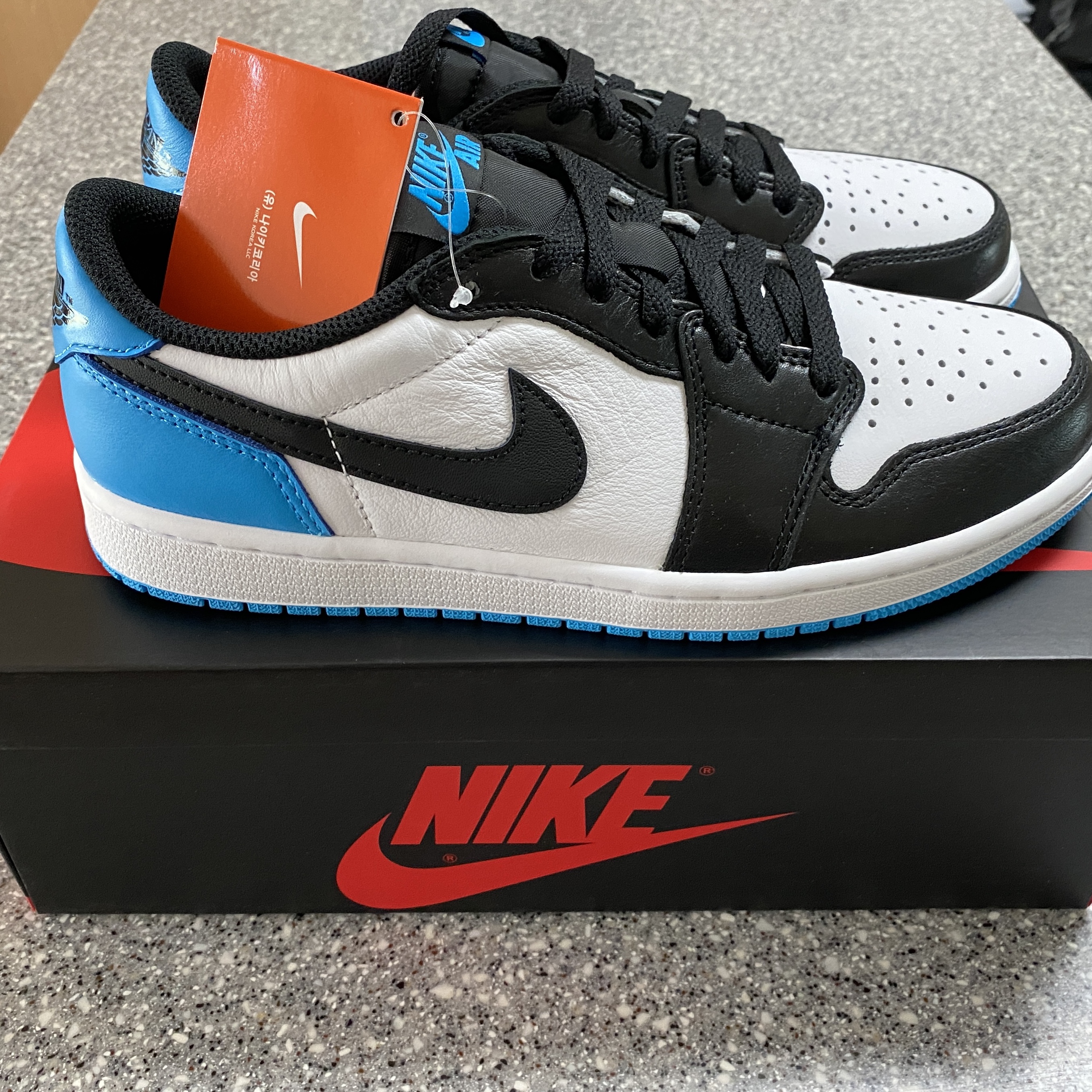 Jordan 1 Retro Low OG Black and Dark Powder Blue 착용 스타일 - 2