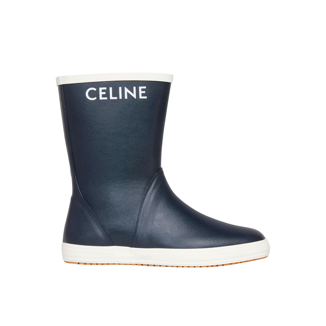 (W) 셀린느 내츄럴 러버 플랫 하프 부츠 레 보테 드 퐁 셀린느 네이비((W) Celine Flat Half Boot Les Bottles De Pont Celine in Natural Rubber Navy)