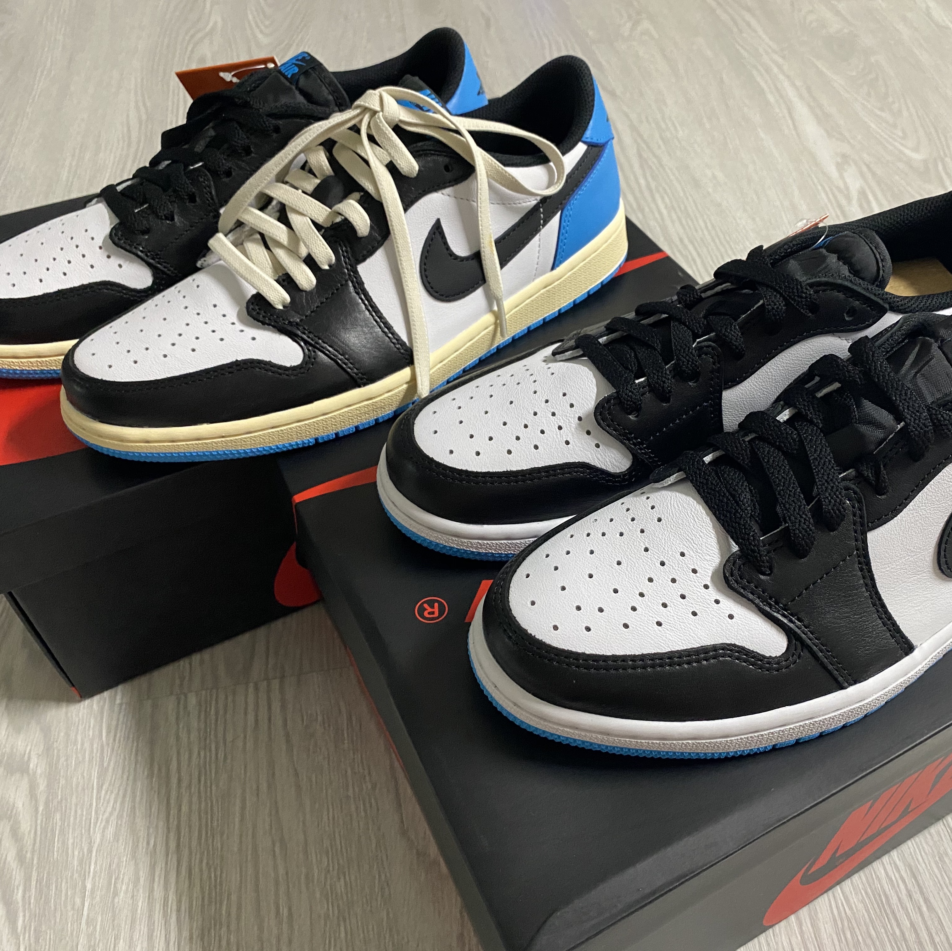 Jordan 1 Retro Low OG Black and Dark Powder Blue 착용 스타일 - 2