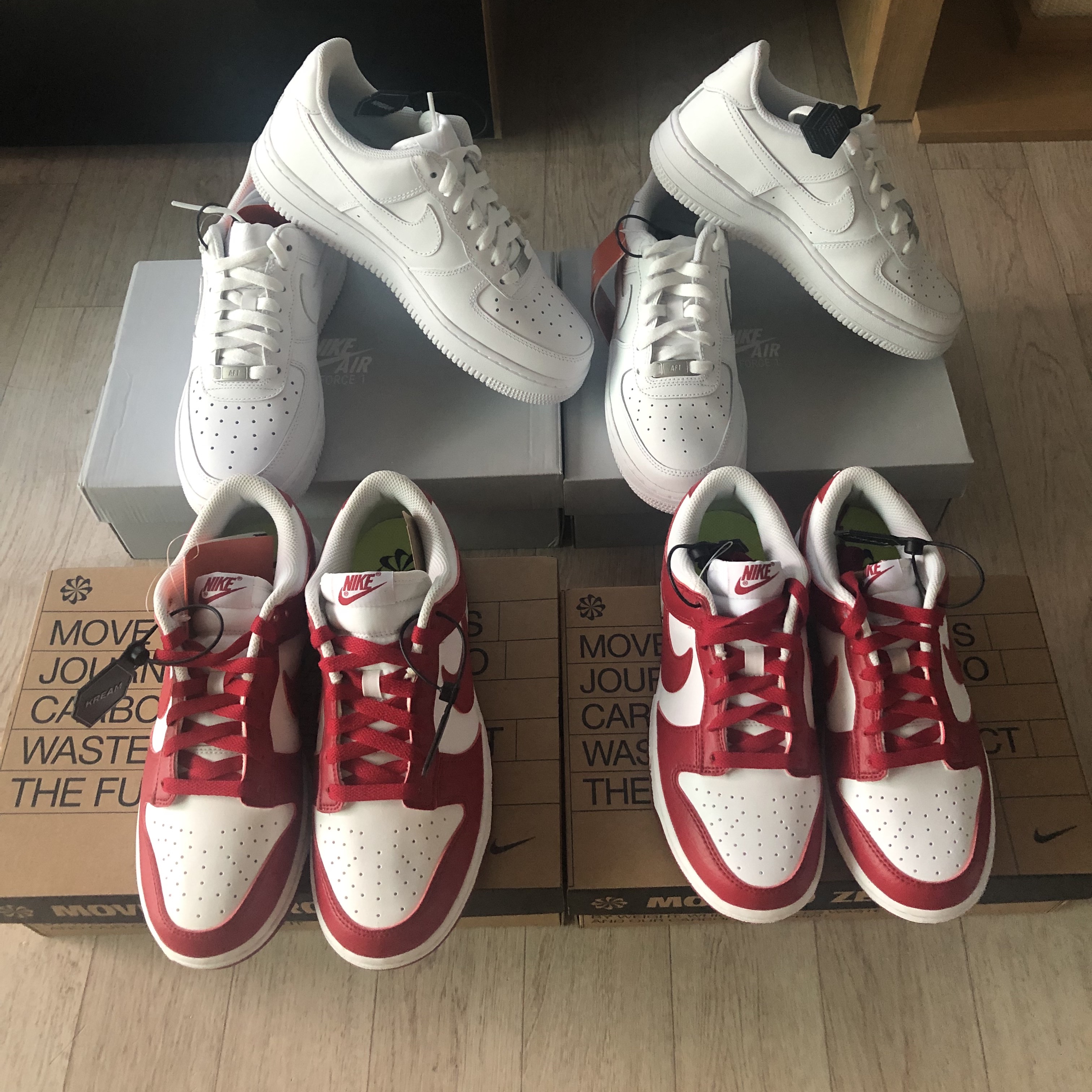 (W) Nike Dunk Low Next Nature Gym Red, (W) Nike Air Force 1 '07 Low White 착용 스타일