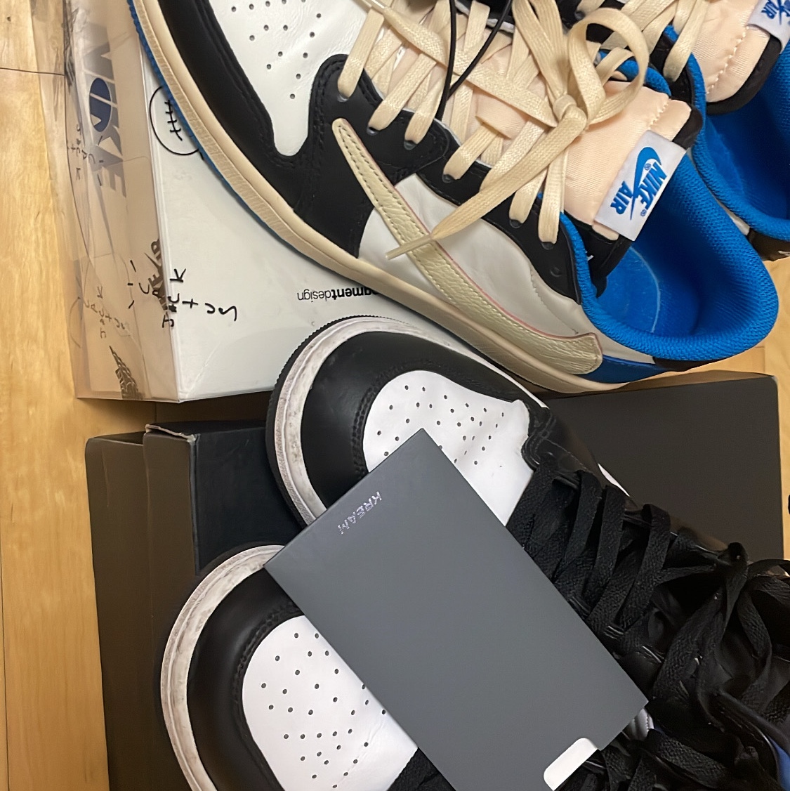 Jordan 1 x Travis Scott x Fragment Retro Low OG SP Military Blue, Jordan 1 Mid Racer Blue 착용 스타일