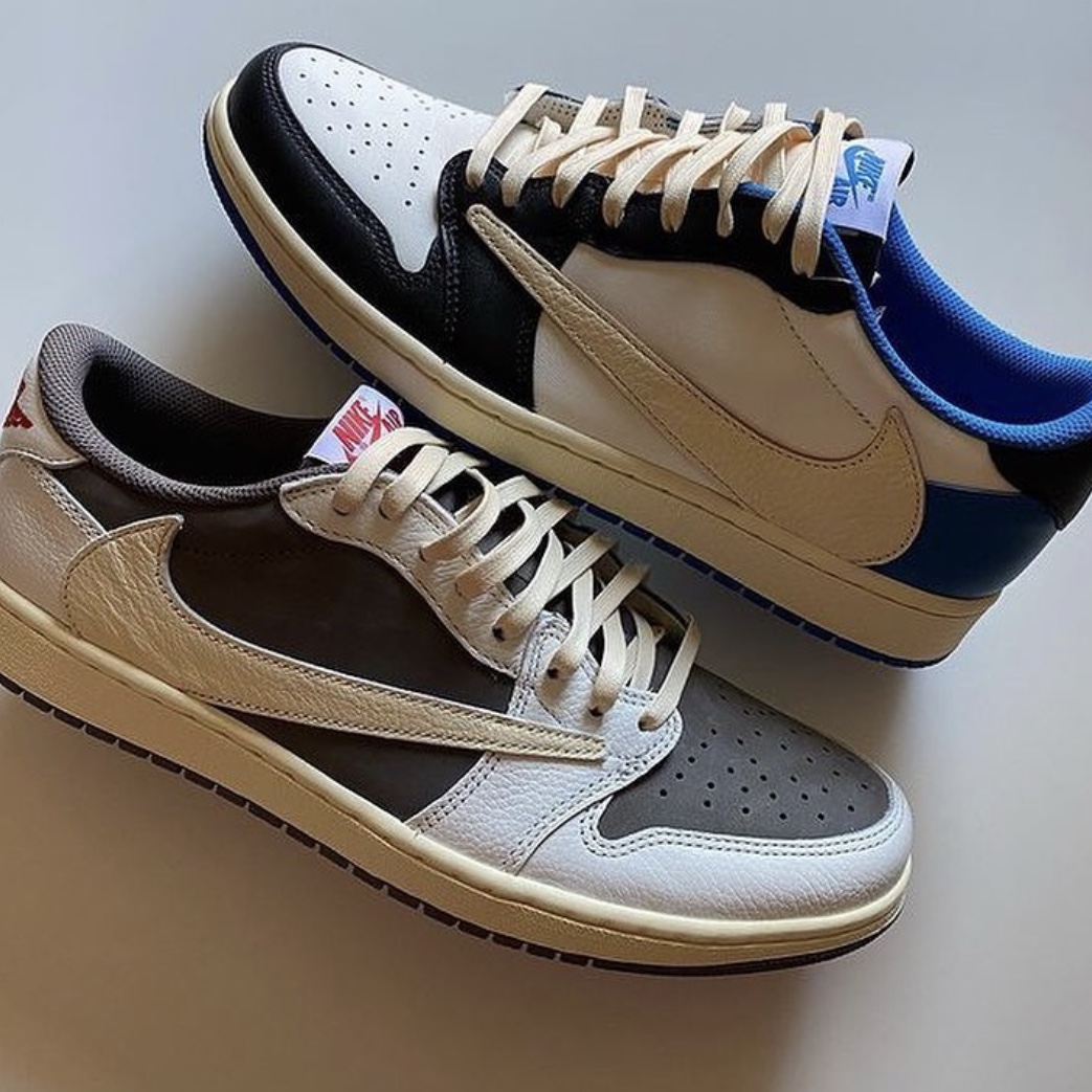 Jordan 1 x Travis Scott x Fragment Retro Low OG SP Military Blue, Jordan 1 x Travis Scott Retro Low OG SP Sail and Ridgerock 착용 스타일