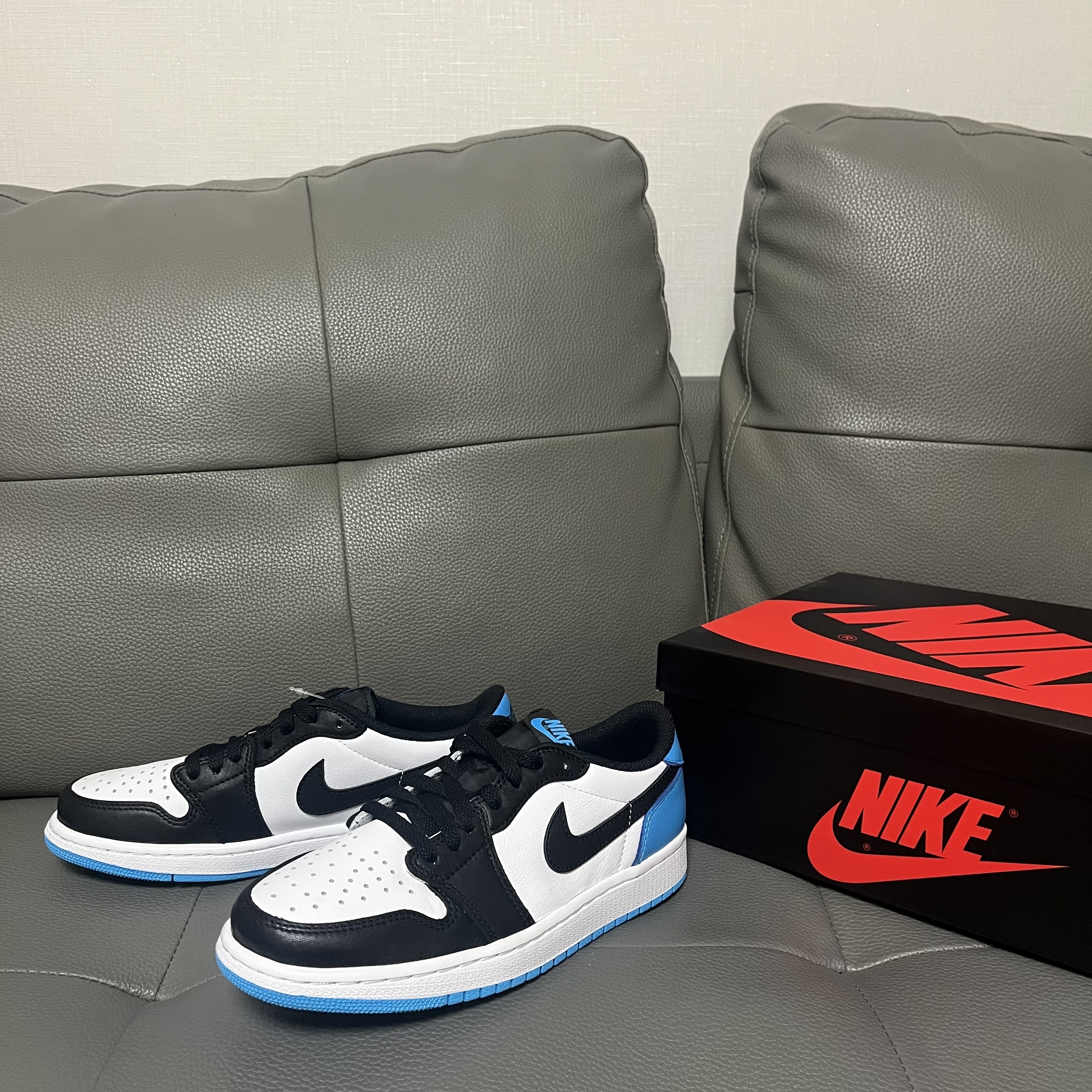 Jordan 1 Retro Low OG Black and Dark Powder Blue 착용 스타일 - 1