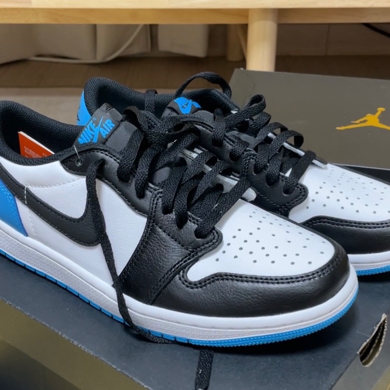 Jordan 1 Retro Low OG Black and Dark Powder Blue 착용 스타일 - 1