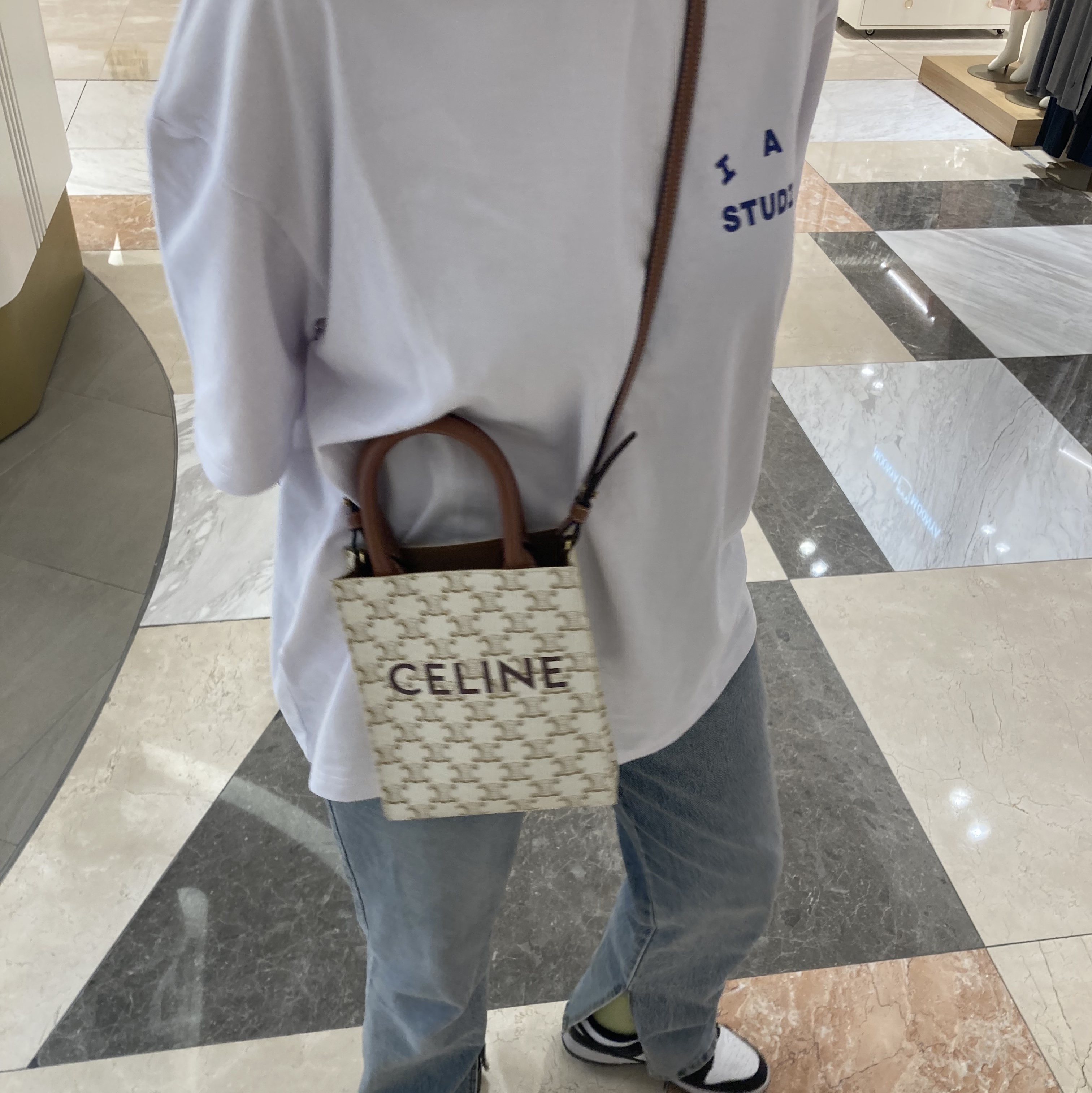 Celine Mini Vertical Cabas in Triomphe Canvas and Calfskin with Celine Print Tan, IAB Studio T-Shirt White Navy - 22FW 착용 스타일