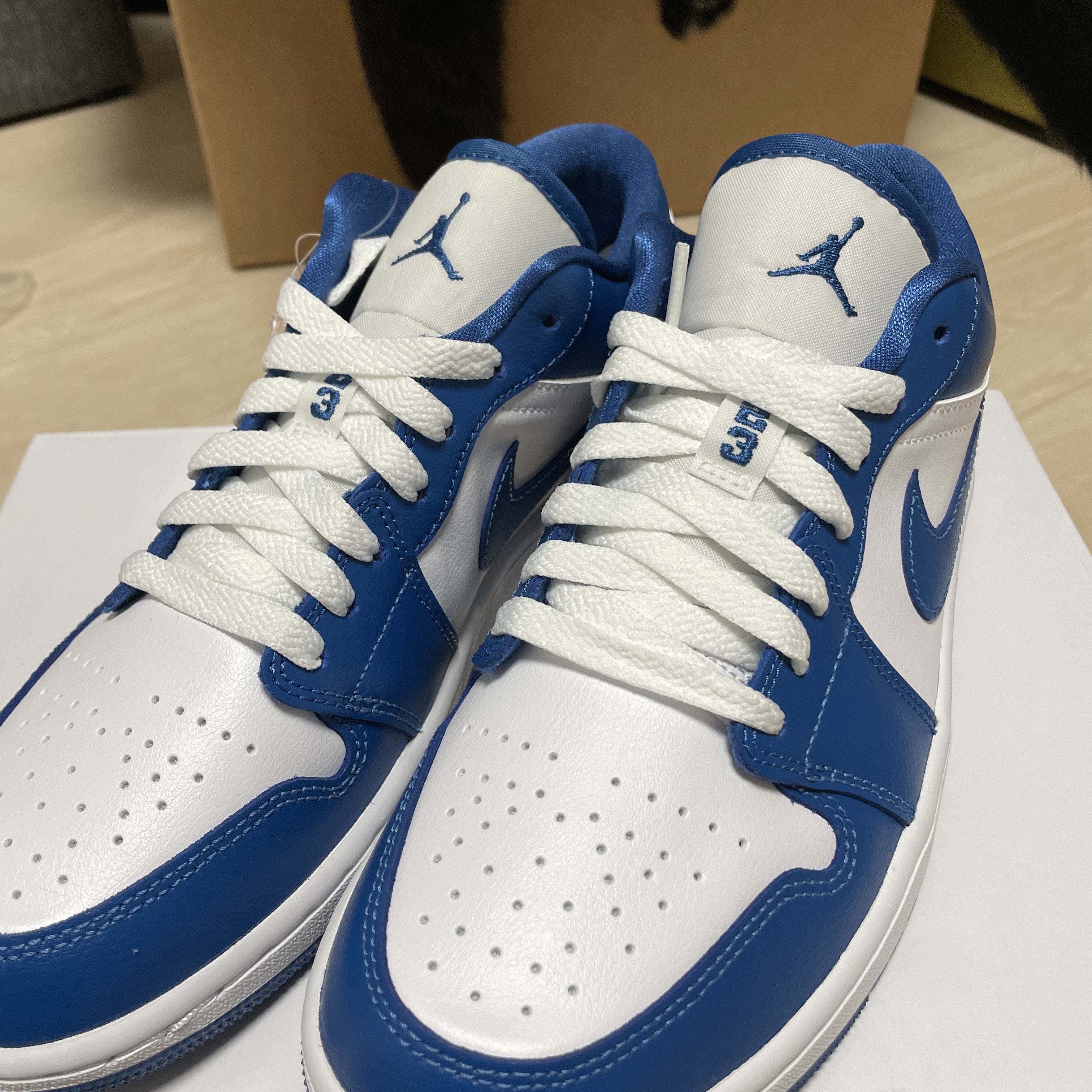 (W) Jordan 1 Low White Dark Marina Blue 착용 스타일 - 1