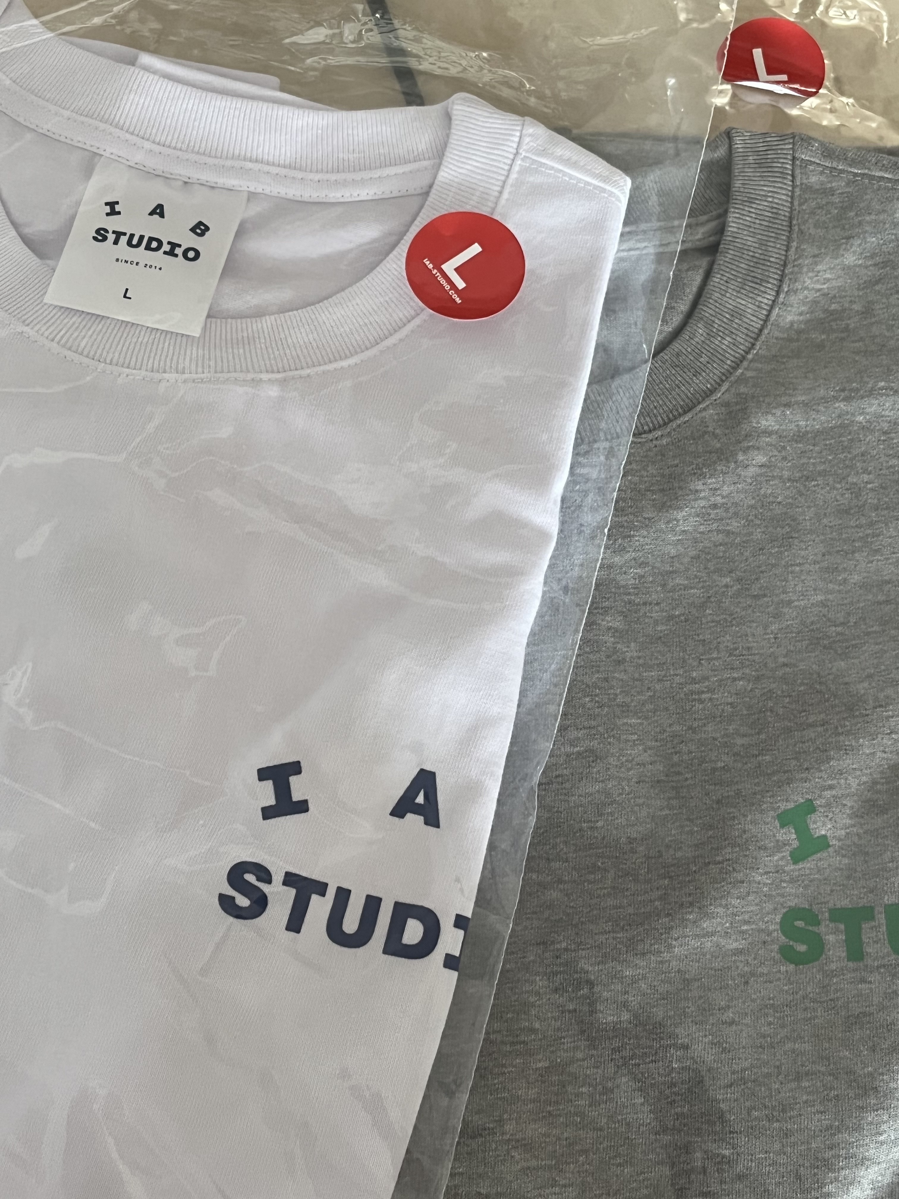 IAB Studio T-Shirt White Navy - 22FW, IAB Studio T-Shirt Gray Green - 22FW 착용 스타일