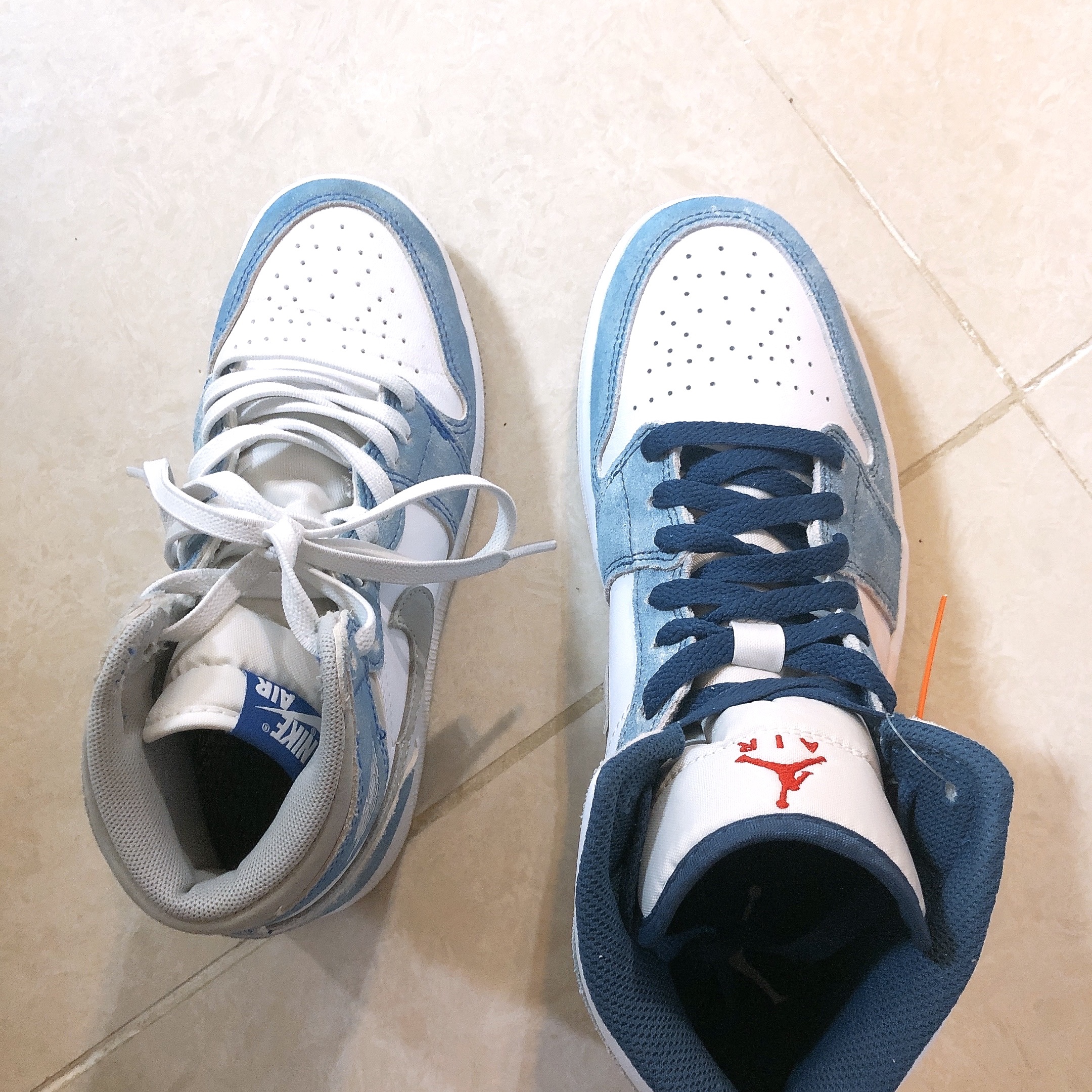 (GS) Jordan 1 Retro High OG Hyper Royal, Jordan 1 Mid SE French Blue Fire Red 착용 스타일 - 1