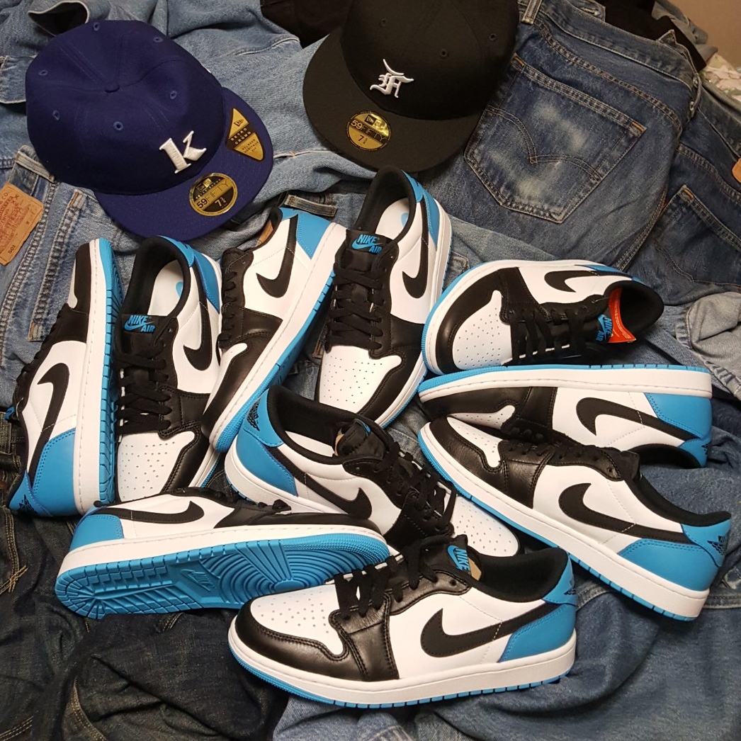 Jordan 1 Retro Low OG Black and Dark Powder Blue, (W) Jordan 1 Retro Low OG Black and Dark Powder Blue 착용 스타일 - 1