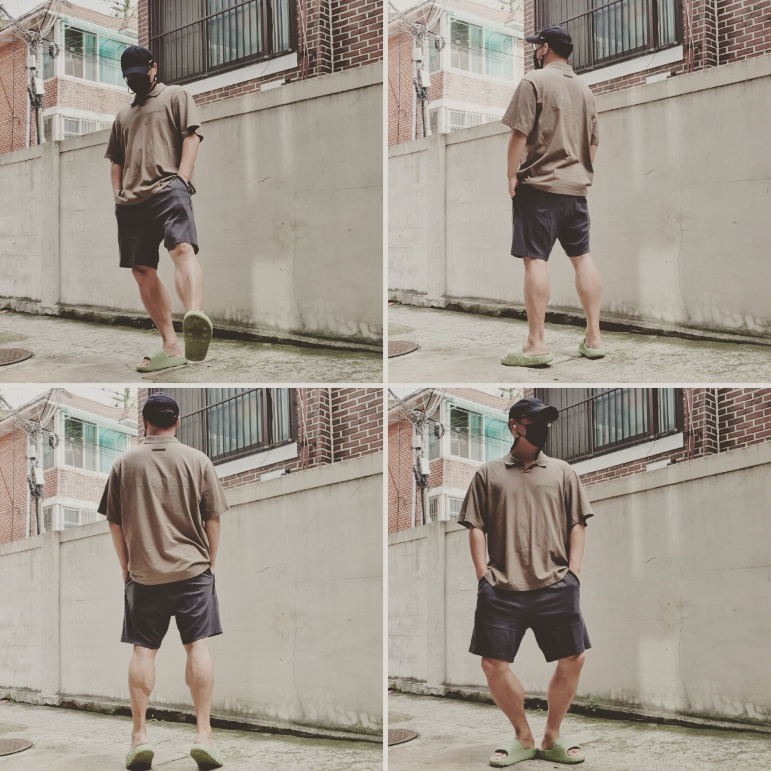 Adidas Adilette 22 Desert Sand, Essentials Short Sleeve Polo Harvest - 21FW 착용 스타일 - 1